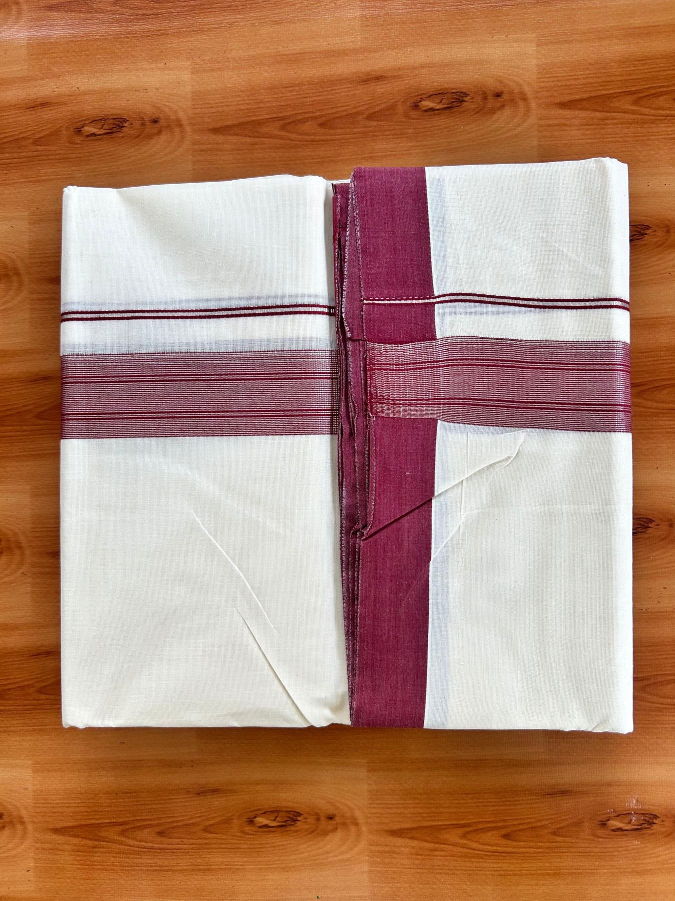 Double Off White (Unbleached) Mundu/Dhoti - 20% Discount! Kaitharikada Pure Cotton - 80x80 - 1.5 Inch Silver Kasav Maroon Striped Kara 4 mtr (8.5 muzham) - 17 KK5489 MRH