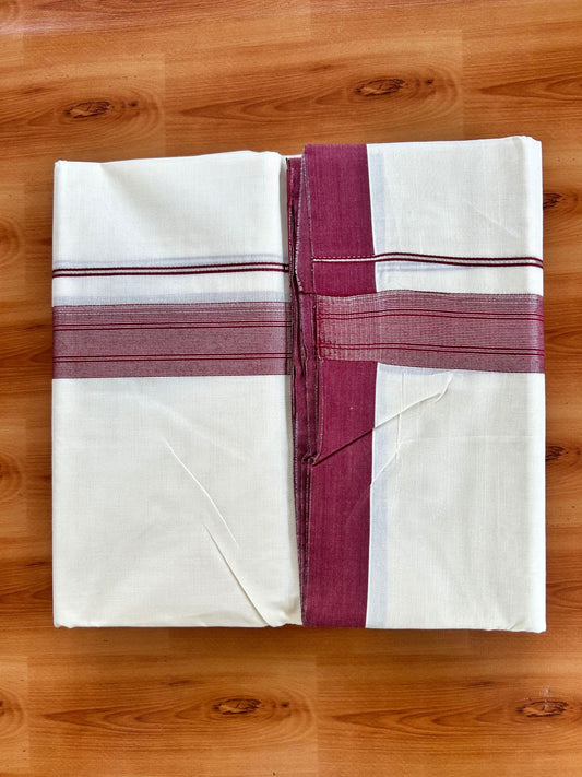 Double Off White (Unbleached) Mundu/Dhoti - 20% Discount! Kaitharikada Pure Cotton - 80x80 - 1.5 Inch Silver Kasav Maroon Striped Kara 4 mtr (8.5 muzham) - 17 KK5489 MRH