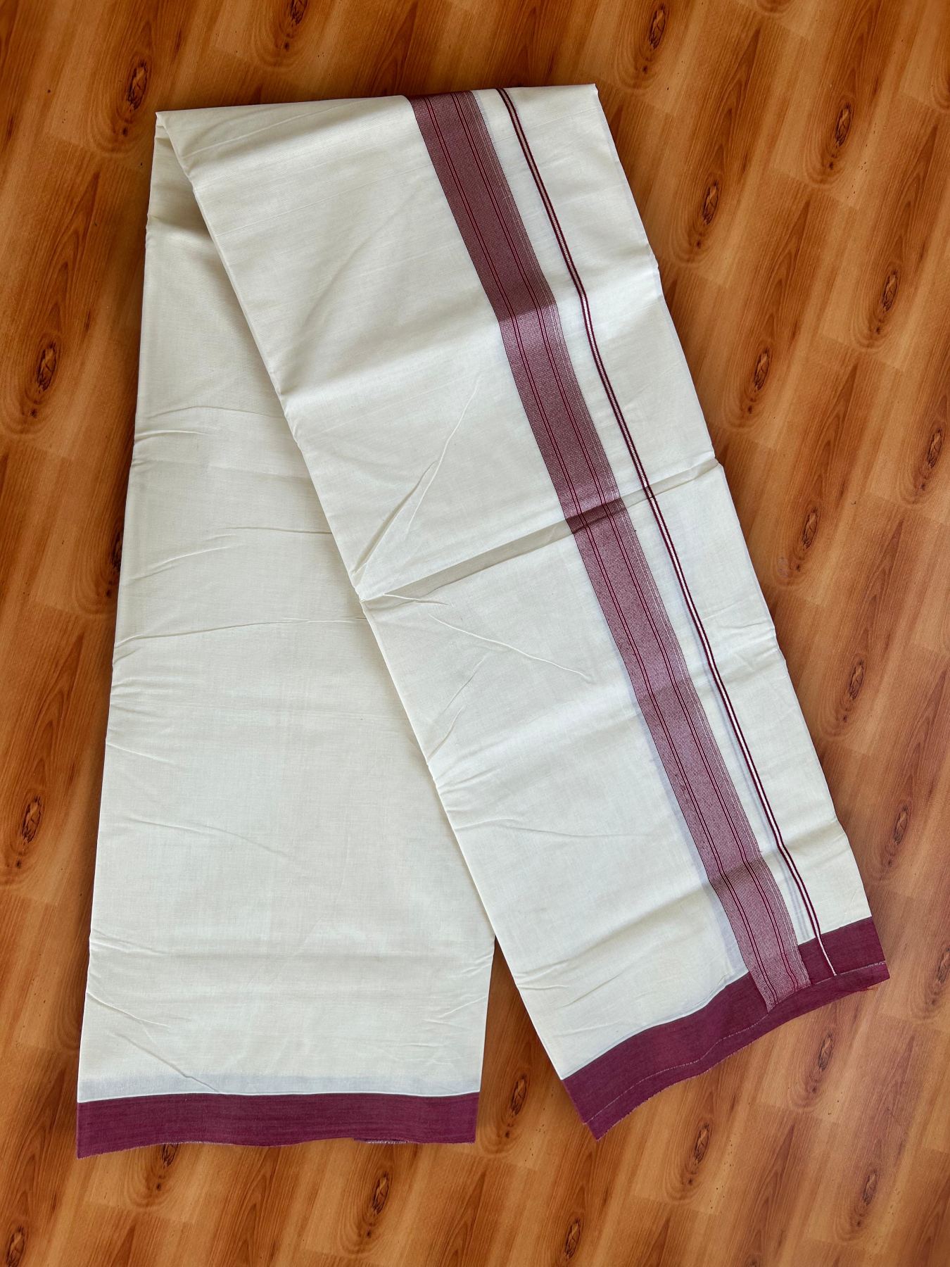 Double Off White (Unbleached) Mundu/Dhoti - 20% Discount! Kaitharikada Pure Cotton - 80x80 - 1.5 Inch Silver Kasav Maroon Striped Kara 4 mtr (8.5 muzham) - 17 KK5489 MRH