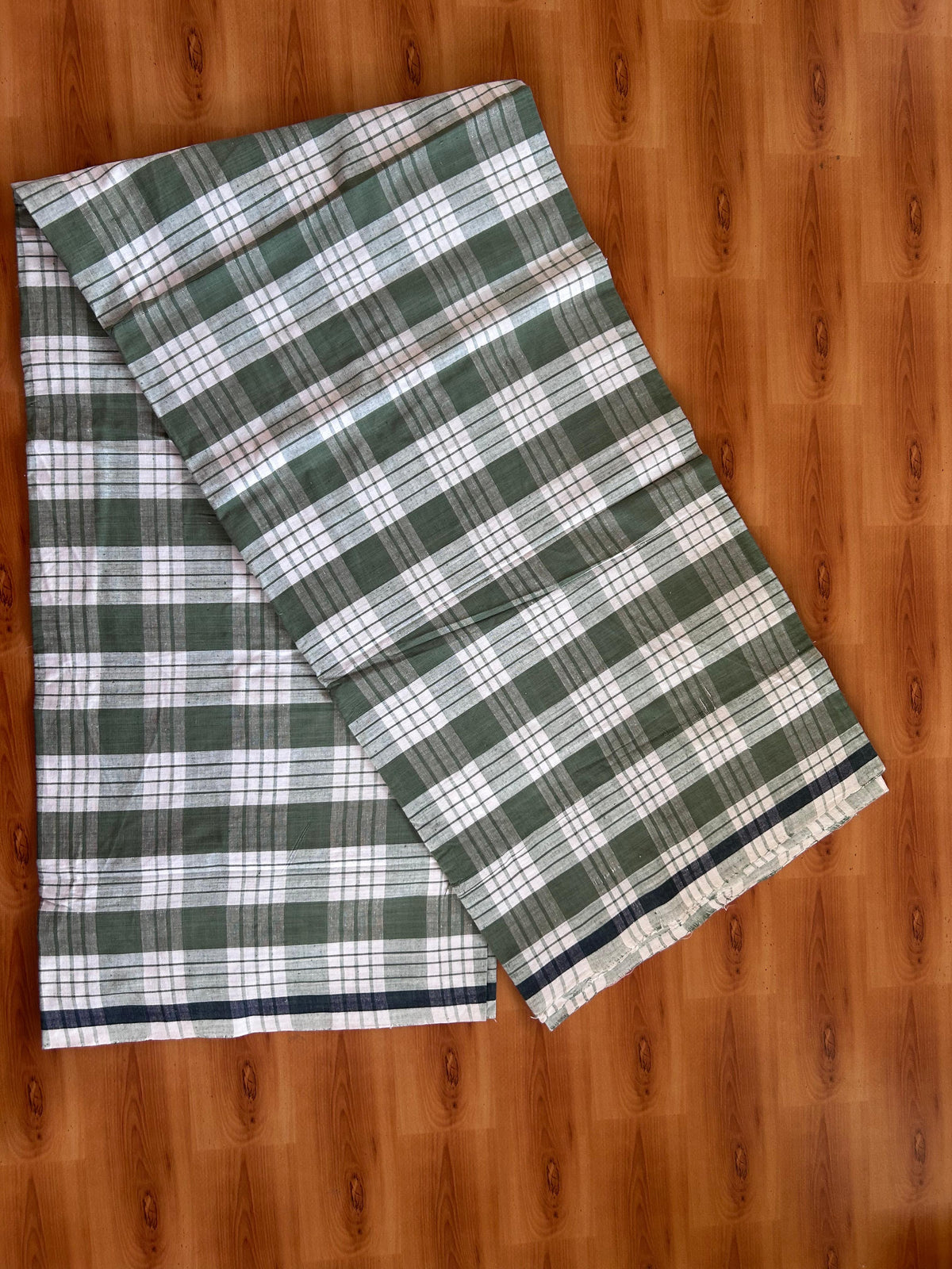 Kerala Handloom - Signature Kaitharikada - 100% Pure Cotton - 2/60sX40s Twisted Thread - Handloom Single Mundu/Dhoti - Forest Green & White Check Body  - Above 2 mtr - 59 KK8080 KAL