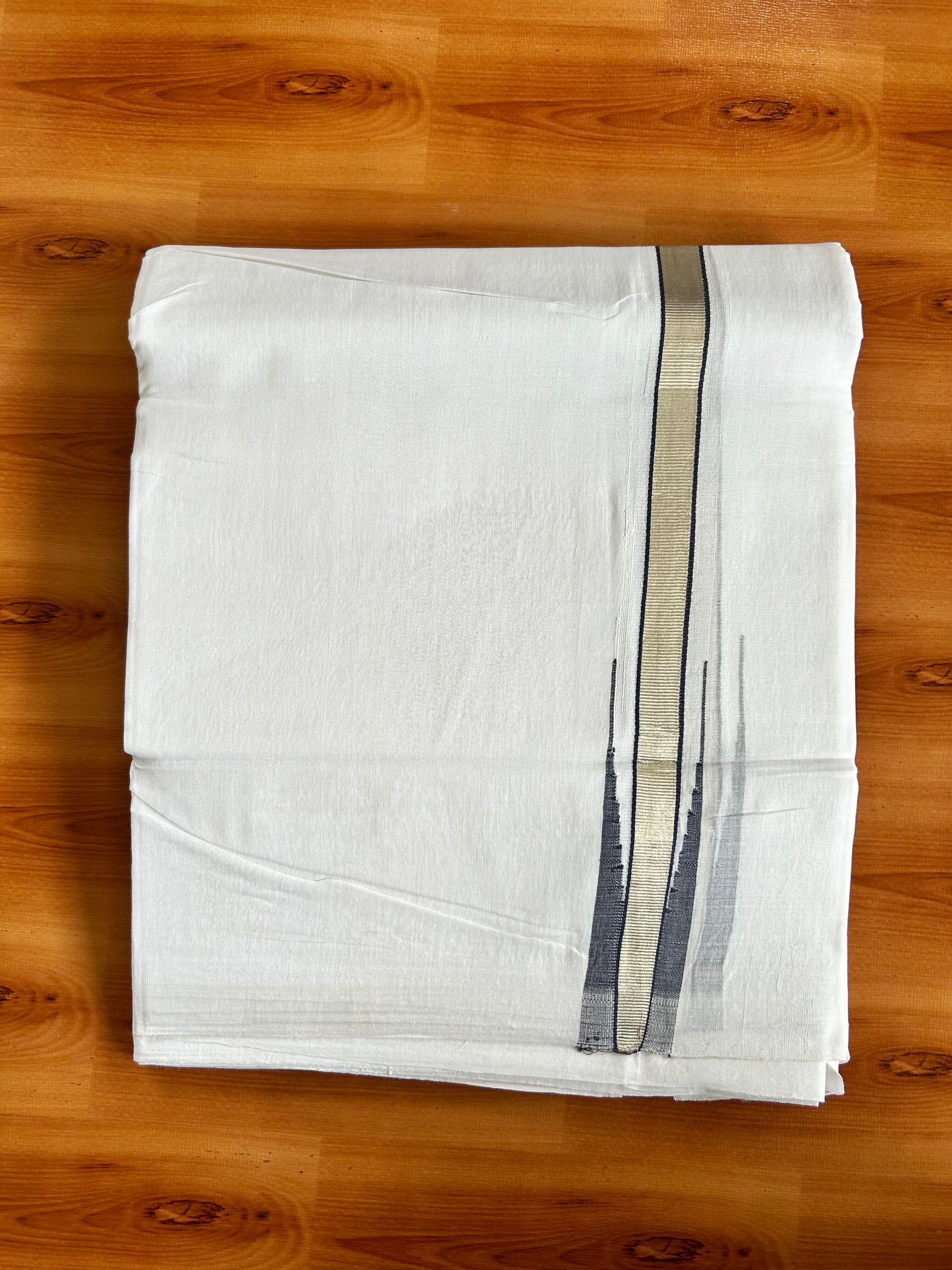 Double  Pure White 25% Discount ! KaithariKada Handloom Unakkupaav  - Kerala Handloom - 100% Pure Cotton - 2/120x80 - 1.5 cm Silver Kasav & Navy Blue Stripes Puliyilakkara Chutty 4 mtr (8.5 Muzham) - 22 KK5449 YAR