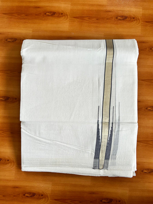 Double  Pure White 25% Discount ! KaithariKada Handloom Unakkupaav  - Kerala Handloom - 100% Pure Cotton - 2/120x80 - 1.5 cm Silver Kasav & Navy Blue Stripes Puliyilakkara Chutty 4 mtr (8.5 Muzham) - 22 KK5449 YAR