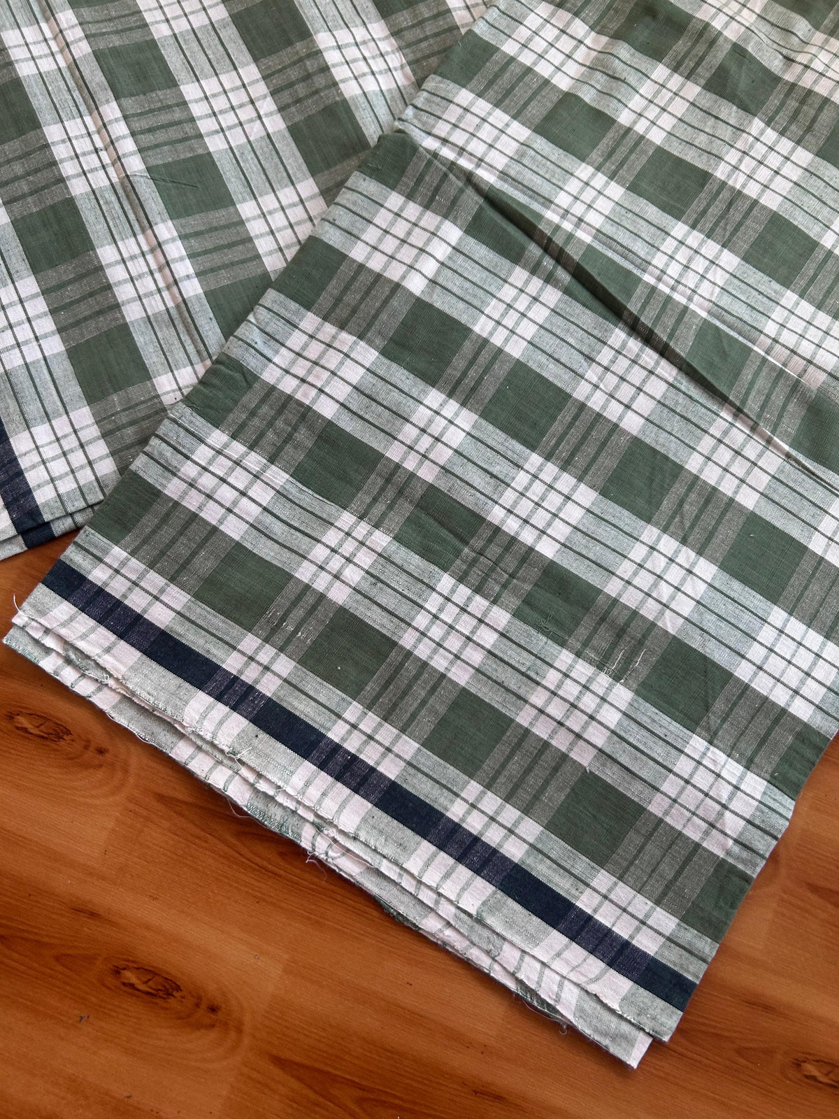 Kerala Handloom - Signature Kaitharikada - 100% Pure Cotton - 2/60sX40s Twisted Thread - Handloom Single Mundu/Dhoti - Forest Green & White Check Body  - Above 2 mtr - 59 KK8080 KAL