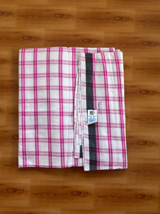 Kerala Handloom - Signature Kaitharikada - 100% Pure Cotton - 2/60sX40s Twisted Thread - Handloom Single Mundu/Dhoti -  Pink & White Check Body  - Above 2 mtr - 55 KK8080 KAL