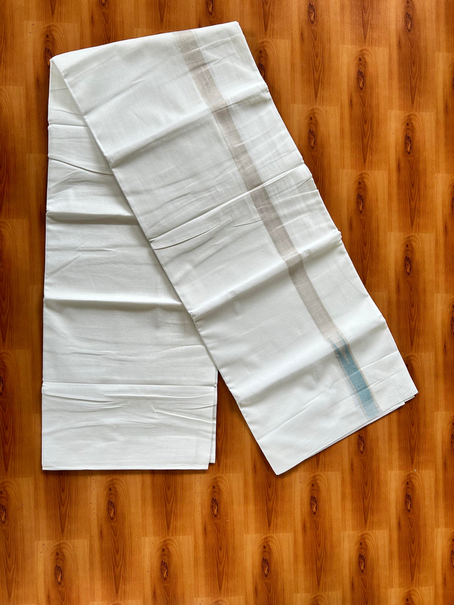 Pure White Double Mundu/Dhoti - 20% Discount ! Kaitharikada Balaramapuram 100% Cotton - 100x80 - 1 inch Puliyilakkara Silver Kasav & Sky Blue Chutty Kara 3.90 mtr (8 muzham) - 25 KK5446 VAS