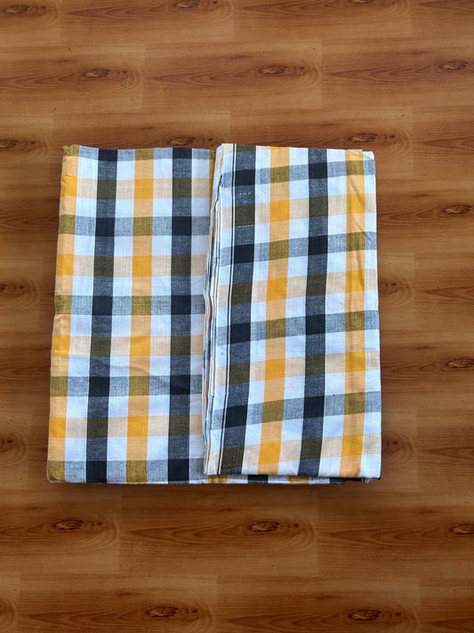 Kerala Handloom - Signature Kaitharikada - 100% Pure Cotton - 2/60sX40s Twisted Thread - Handloom Single Mundu/Dhoti - Yellow Black & White Check Body  - Above 2 mtr - 60 KK8080 KAL