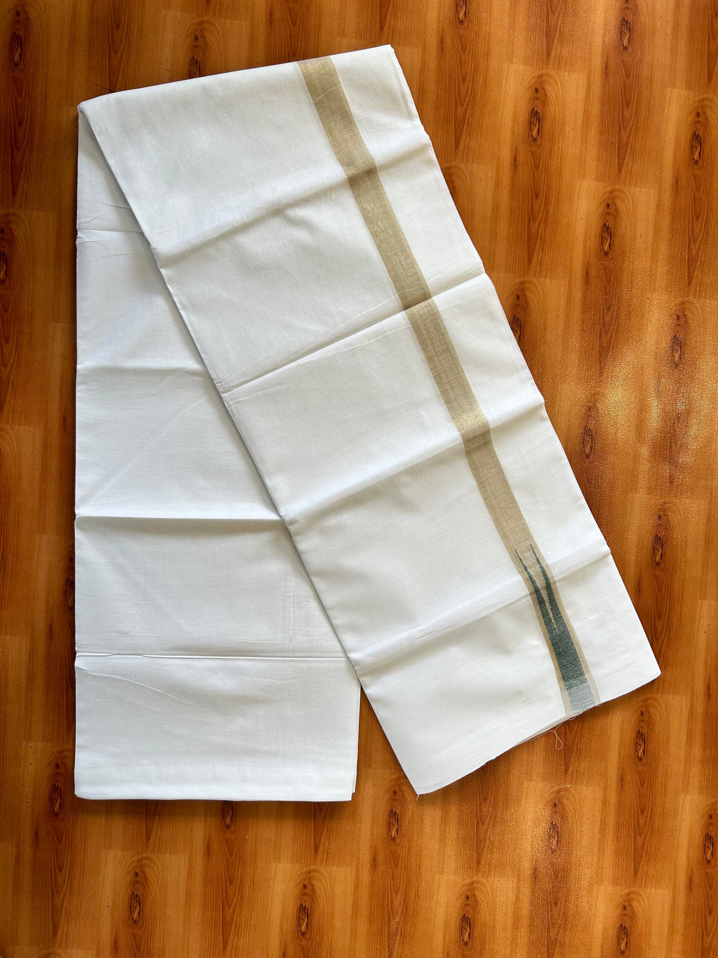 Pure White Double Mundu/Dhoti - 20% Discount ! Kaitharikada Balaramapuram 100% Cotton - 100x80 - 1 inch Puliyilakkara Gold Kasav & Green Chutty Kara 3.90 mtr (8 muzham) - 16 KK5446 VAS