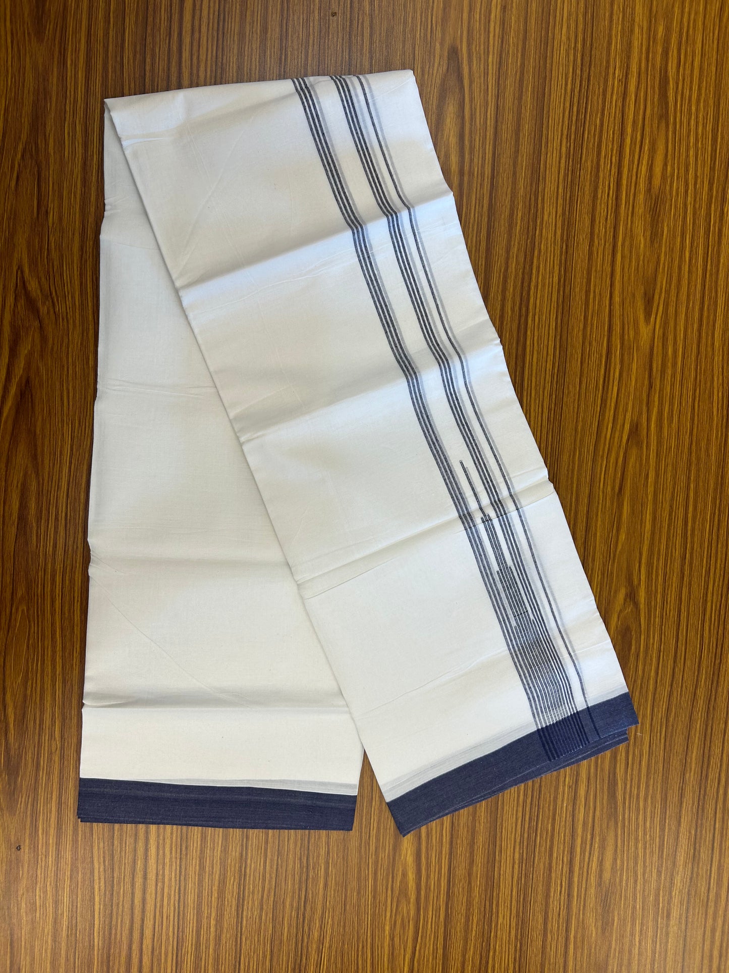 20% Discount ! Kaitharikada Balaramapuram 100% Pure Cotton Double Pure White Mundu/Dhoti - 100x80 - 1.5 inch Navy Blue shaded striped Temple chutty 3.90 mtr (8.5 muzham) - 126 KK5361 PMC