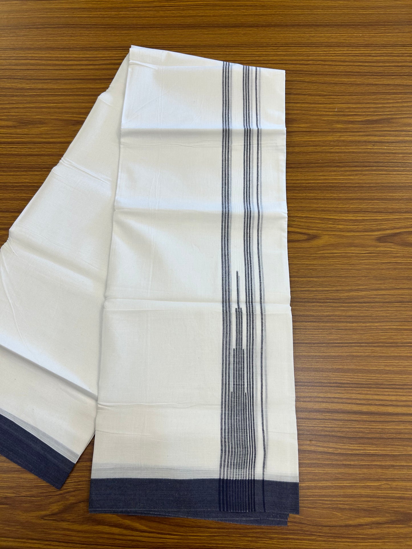 20% Discount ! Kaitharikada Balaramapuram 100% Pure Cotton Double Pure White Mundu/Dhoti - 100x80 - 1.5 inch Navy Blue shaded striped Temple chutty 3.90 mtr (8.5 muzham) - 126 KK5361 PMC
