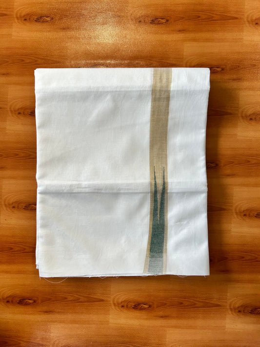 Pure White Double Mundu/Dhoti - 20% Discount ! Kaitharikada Balaramapuram 100% Cotton - 100x80 - 1 inch Puliyilakkara Gold Kasav & Green Chutty Kara 3.90 mtr (8 muzham) - 16 KK5446 VAS