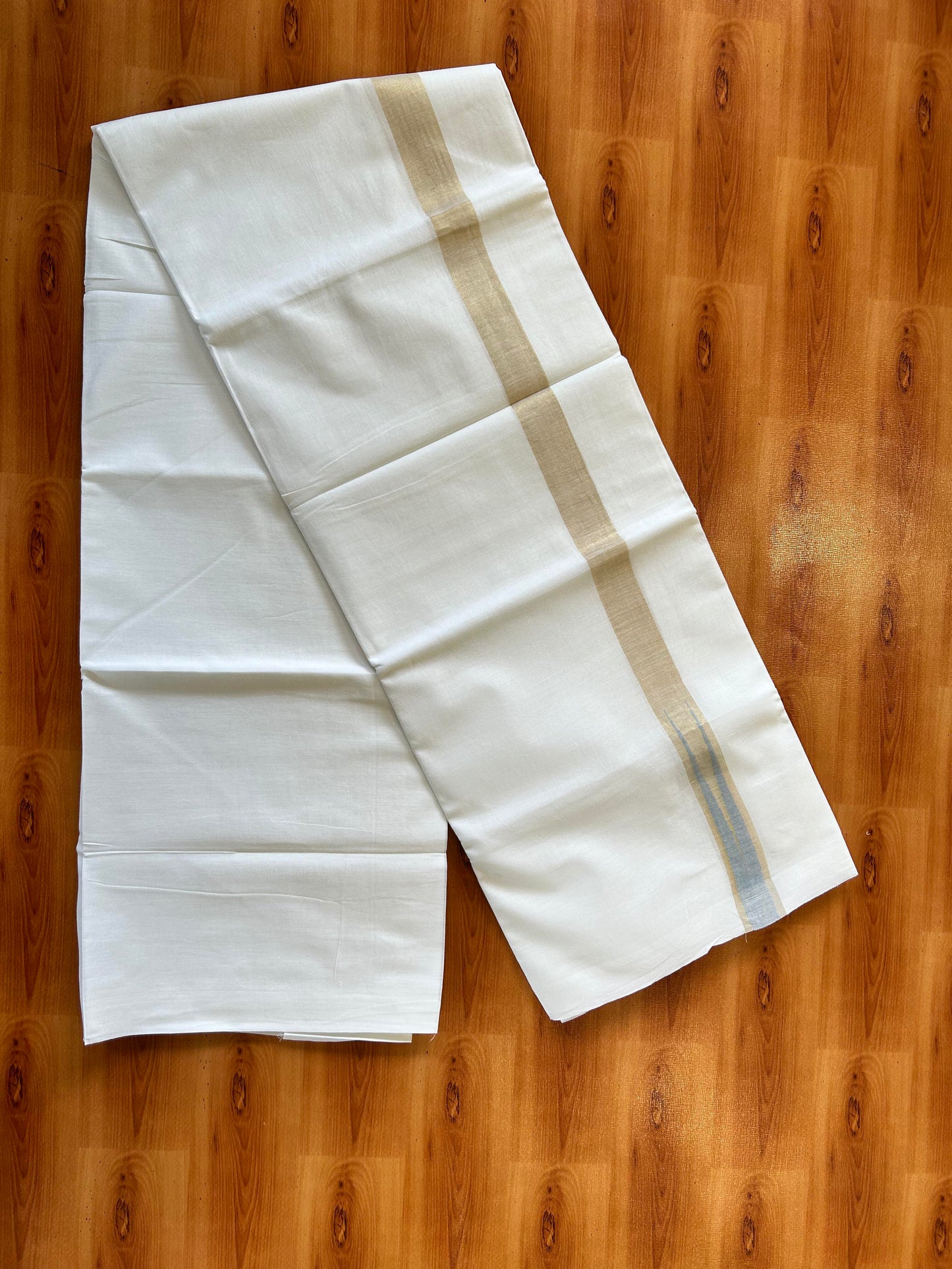 Pure White Double Mundu/Dhoti - 20% Discount ! Kaitharikada Balaramapuram 100% Cotton - 100x80 - 1 inch Puliyilakkara Gold Kasav & Sky Blue Chutty Kara 3.90 mtr (8 muzham) - 27 KK5446 VAS