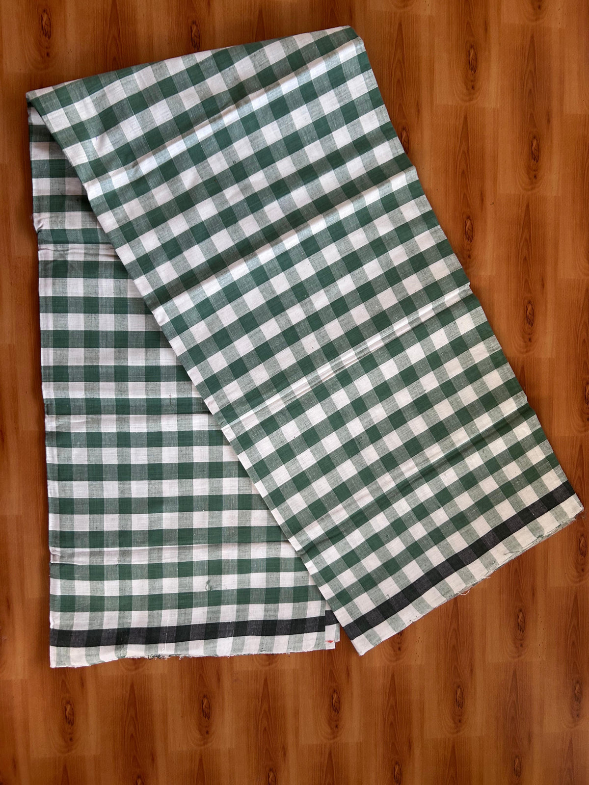 Kerala Handloom - Signature Kaitharikada - 100% Pure Cotton - 2/60sX40s Twisted Thread - Handloom Single Mundu/Dhoti - Forest Green & White Check Body  - 2.10 mtr - 58 KK8080 KAL