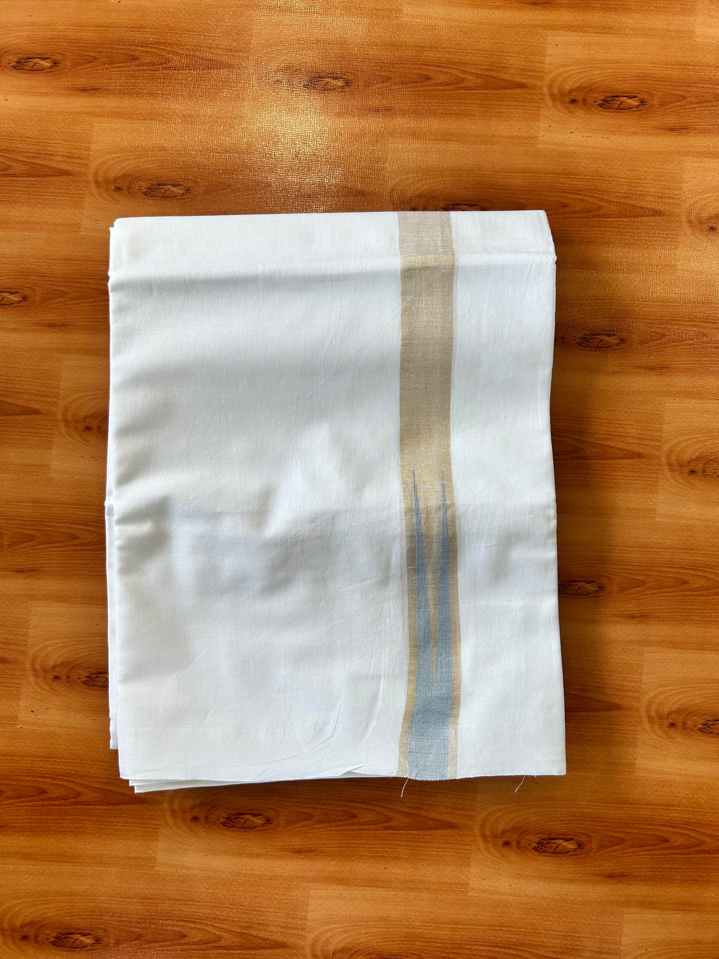 Pure White Double Mundu/Dhoti - 20% Discount ! Kaitharikada Balaramapuram 100% Cotton - 100x80 - 1 inch Puliyilakkara Gold Kasav & Sky Blue Chutty Kara 3.90 mtr (8 muzham) - 27 KK5446 VAS