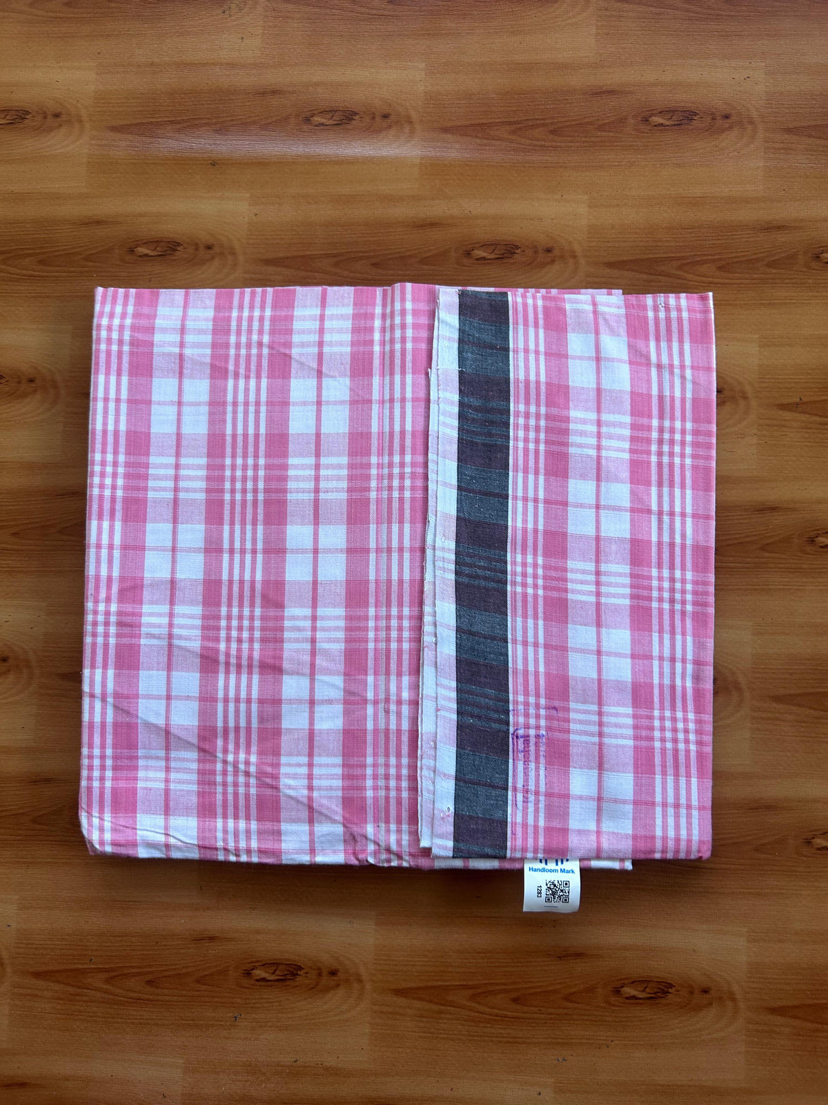 Kerala Handloom - Signature Kaitharikada - 100% Pure Cotton - 2/60sX40s Twisted Thread - Handloom Single Mundu/Dhoti - Pink & White Check Body  - 2 mtr - 61 KK8080 KAL