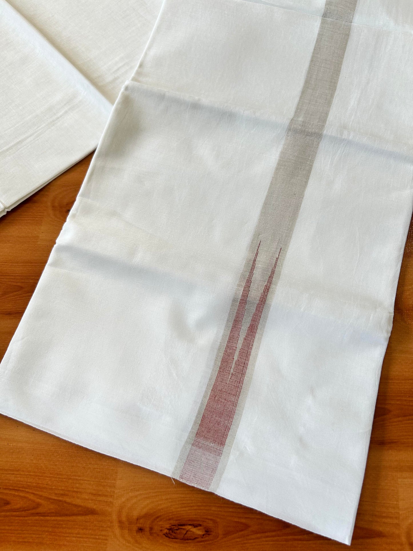 Pure White Double Mundu/Dhoti - 20% Discount ! Kaitharikada Balaramapuram 100% Cotton - 100x80 - 1 inch Puliyilakkara Silver Kasav & Red Chutty Kara 3.90 mtr (8 muzham) - 22 KK5446 VAS