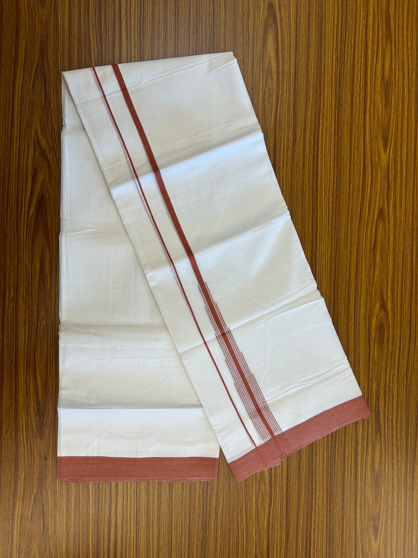 20% Discount ! Kaitharikada Balaramapuram 100% Pure Cotton Double Pure White Mundu/Dhoti - 100x80 - 1.25 inch Peachish Red Shaded Striped Chutty 3.90 mtr (8 muzham) - 75 KK5361 PMC