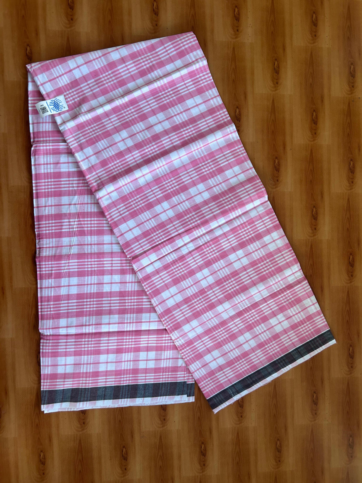 Kerala Handloom - Signature Kaitharikada - 100% Pure Cotton - 2/60sX40s Twisted Thread - Handloom Single Mundu/Dhoti - Pink & White Check Body  - 2 mtr - 61 KK8080 KAL