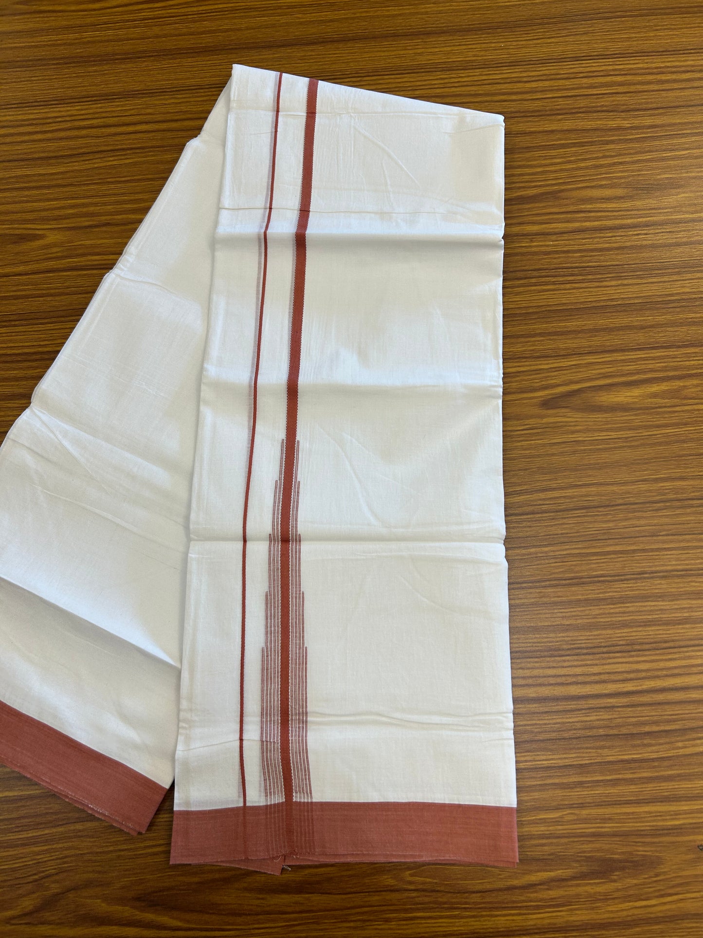 20% Discount ! Kaitharikada Balaramapuram 100% Pure Cotton Double Pure White Mundu/Dhoti - 100x80 - 1.25 inch Peachish Red Shaded Striped Chutty 3.90 mtr (8 muzham) - 75 KK5361 PMC