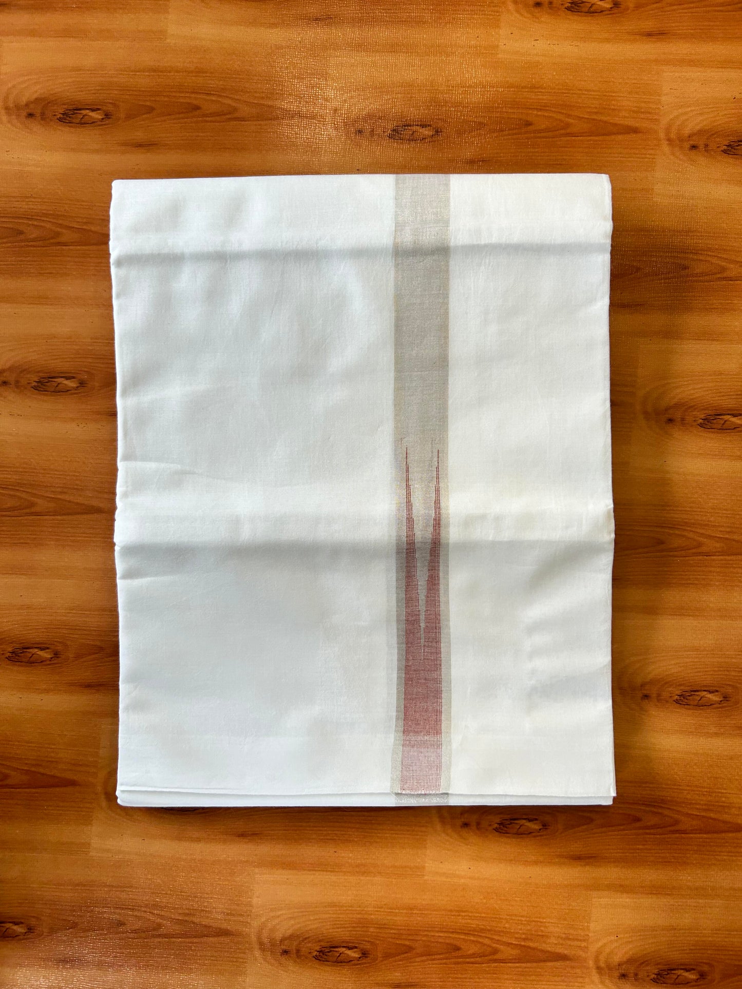 Pure White Double Mundu/Dhoti - 20% Discount ! Kaitharikada Balaramapuram 100% Cotton - 100x80 - 1 inch Puliyilakkara Silver Kasav & Red Chutty Kara 3.90 mtr (8 muzham) - 22 KK5446 VAS