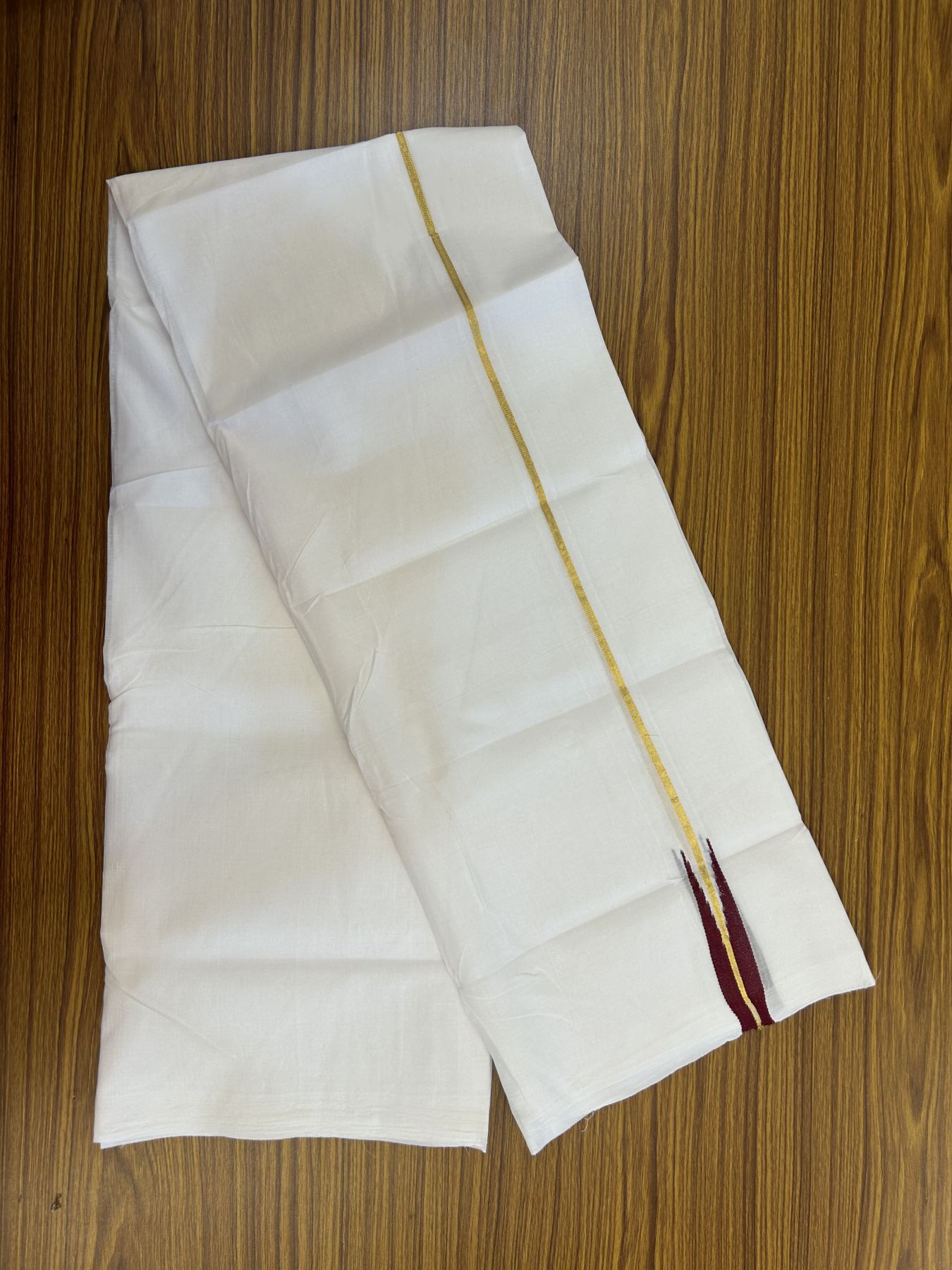 25% Disocunt!! KaithariKada Kerala Handloom Millpaav - 100% Pure Cotton Double - Mundu/Dhoti - 80x90 - 0.75 inch Puliyilakkara Gold Kasavu & Maroon Chutty Kara - 3.56 mtr (7.63 muzham) - 1 KK5337 RAM