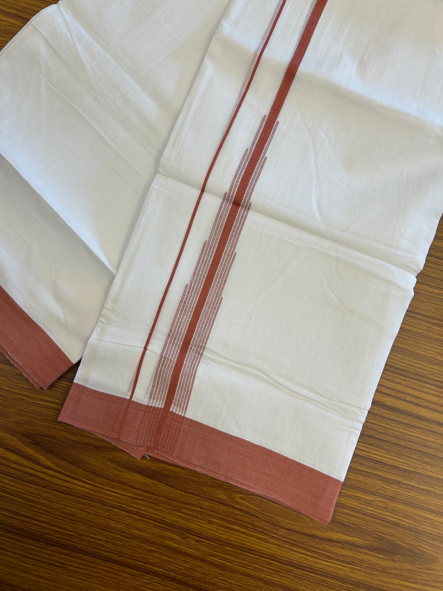 20% Discount ! Kaitharikada Balaramapuram 100% Pure Cotton Double Pure White Mundu/Dhoti - 100x80 - 1.25 inch Peachish Red Shaded Striped Chutty 3.90 mtr (8 muzham) - 75 KK5361 PMC