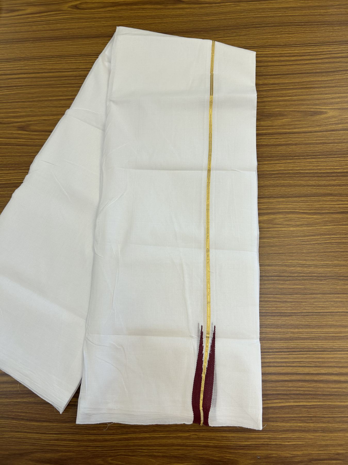 25% Disocunt!! KaithariKada Kerala Handloom Millpaav - 100% Pure Cotton Double - Mundu/Dhoti - 80x90 - 0.75 inch Puliyilakkara Gold Kasavu & Maroon Chutty Kara - 3.56 mtr (7.63 muzham) - 1 KK5337 RAM