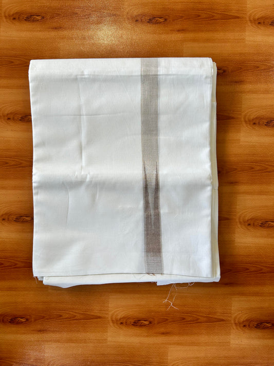 Pure White Double Mundu/Dhoti - 20% Discount ! Kaitharikada Balaramapuram 100% Cotton - 100x80 - 1 inch Puliyilakkara Silver Kasav & Brown Chutty Kara 3.90 mtr (8 muzham) - 21 KK5446 VAS