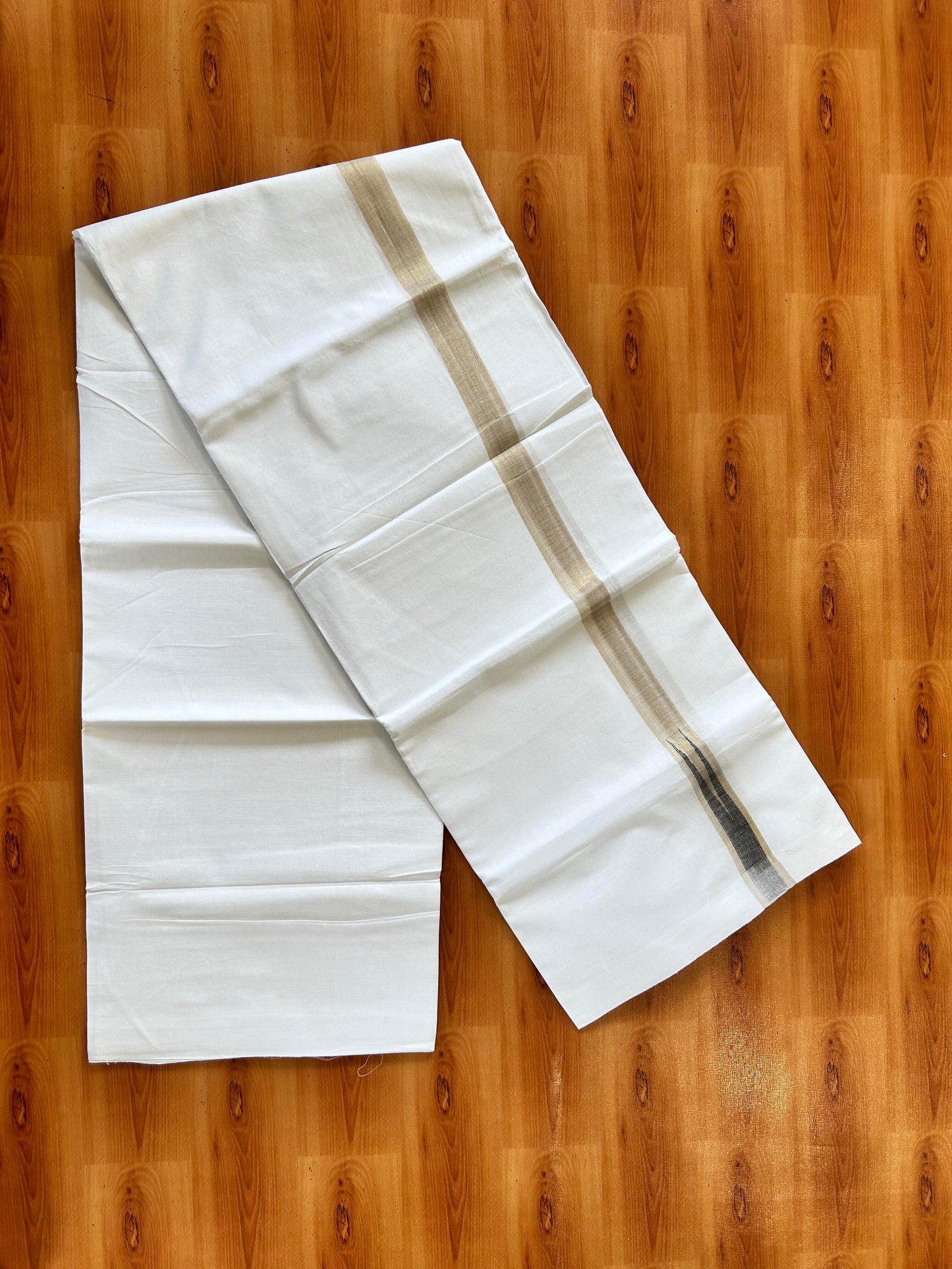 Pure White Double Mundu/Dhoti - 20% Discount ! Kaitharikada Balaramapuram 100% Cotton - 100x80 - 1 inch Puliyilakkara Gold Kasav & Black Chutty Kara 3.90 mtr (8 muzham) - 28 KK5446 VAS