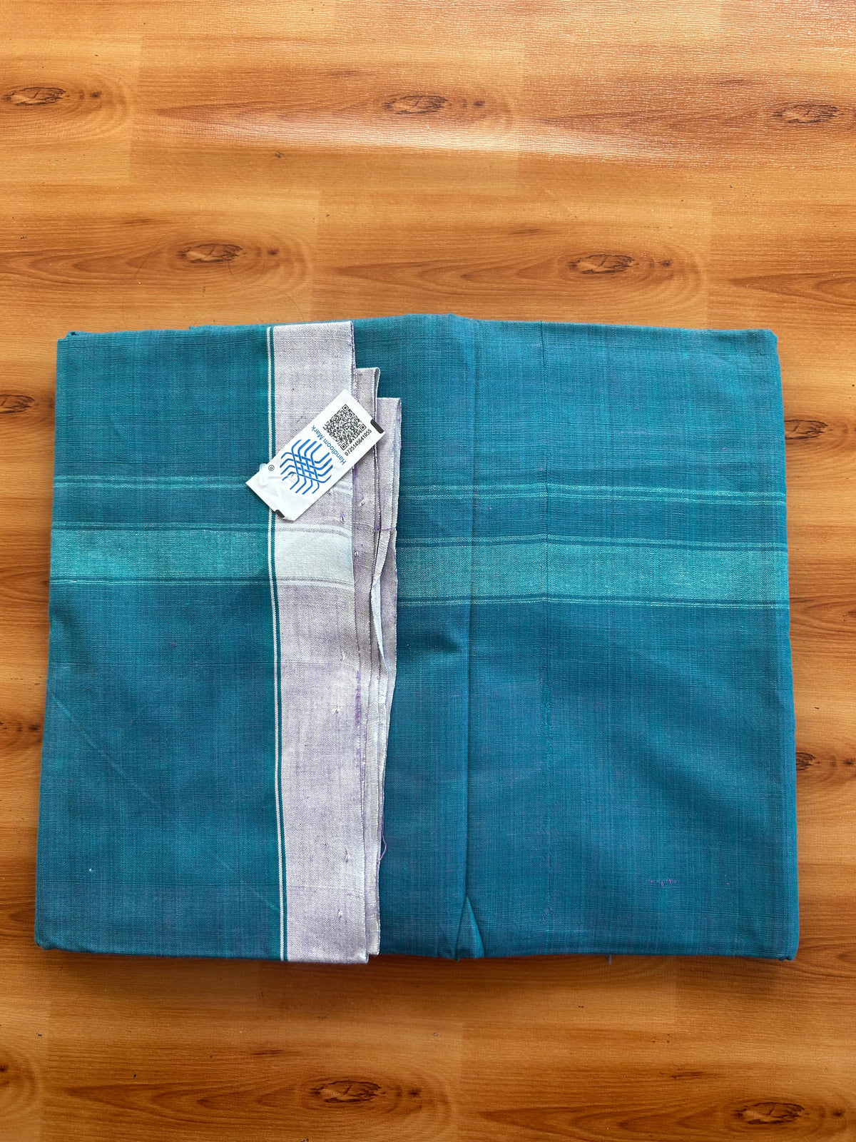 Kerala Handloom - Signature Kaitharikada - 100% Pure Cotton 2/60x40s Thread - Single Mundu / Dhoti - 1 inch Green Shaded Striped Kara with Peacock Green & Violet colour Body (2 meter / 4 muzham) - 70 KK8080 KAL