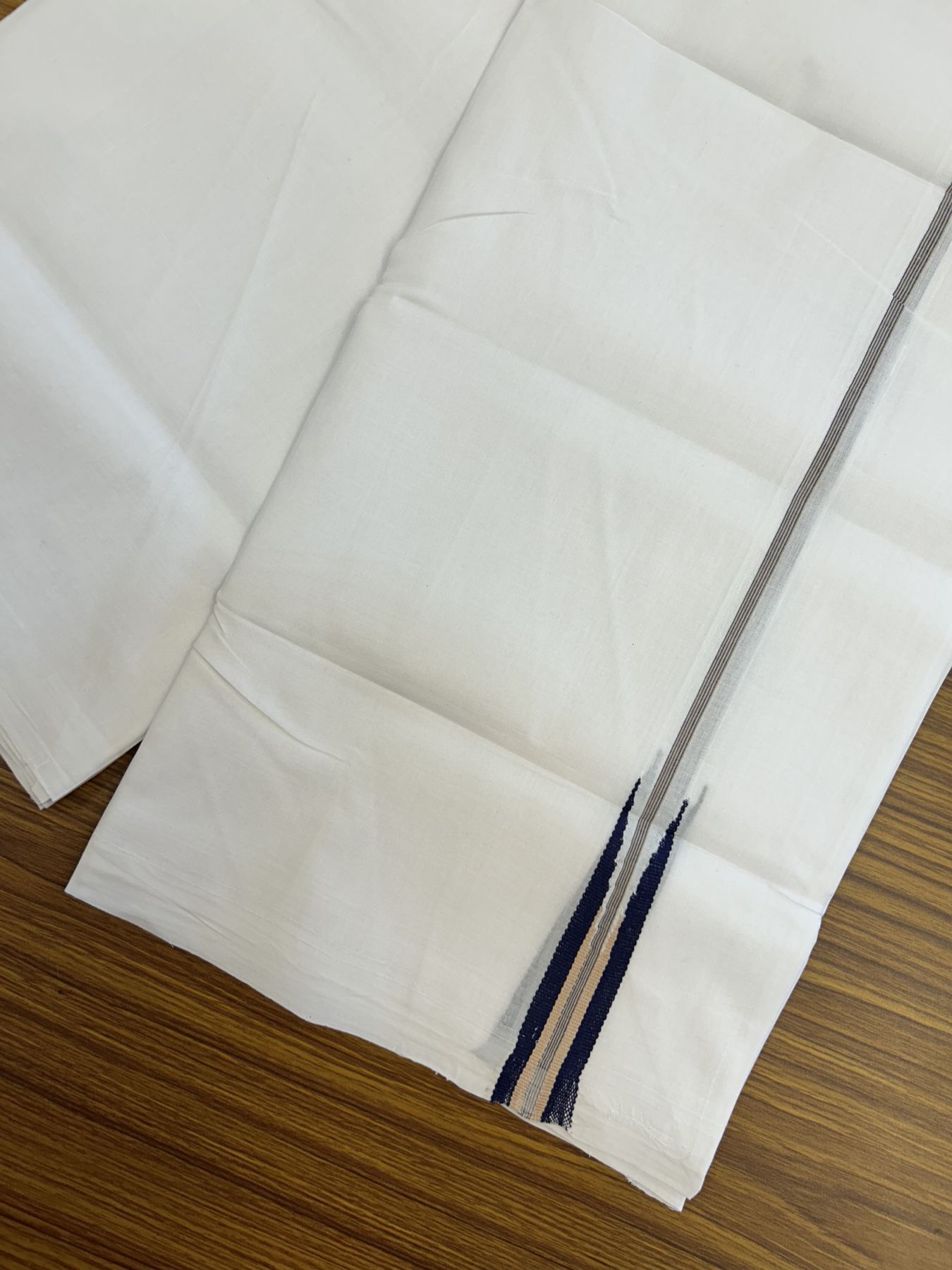 25% Disocunt!! KaithariKada Kerala Handloom Millpaav - 100% Pure Cotton Double - Mundu/Dhoti - 80x90 - 1 inch Puliyilakkara Navy Blue & Cream Chutty Kara - 3.96 mtr (8.49 muzham) - 6 KK5337 RAM