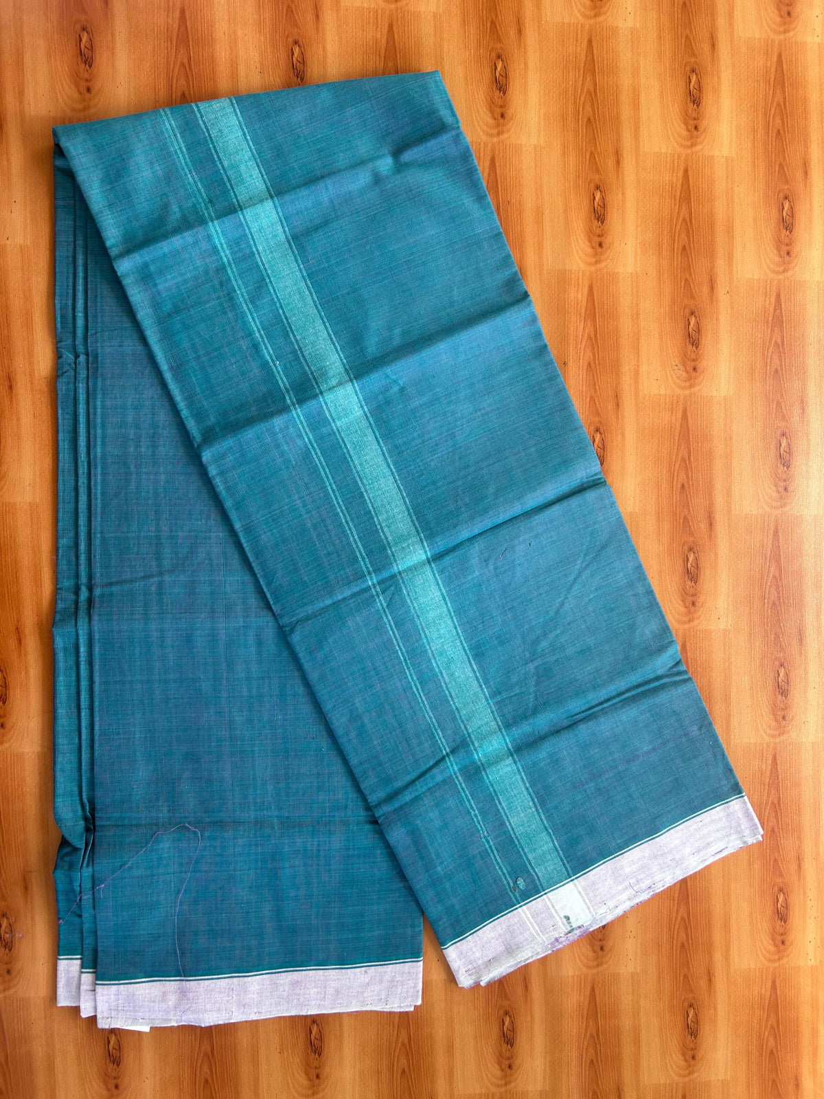 Kerala Handloom - Signature Kaitharikada - 100% Pure Cotton 2/60x40s Thread - Single Mundu / Dhoti - 1 inch Green Shaded Striped Kara with Peacock Green & Violet colour Body (2 meter / 4 muzham) - 70 KK8080 KAL