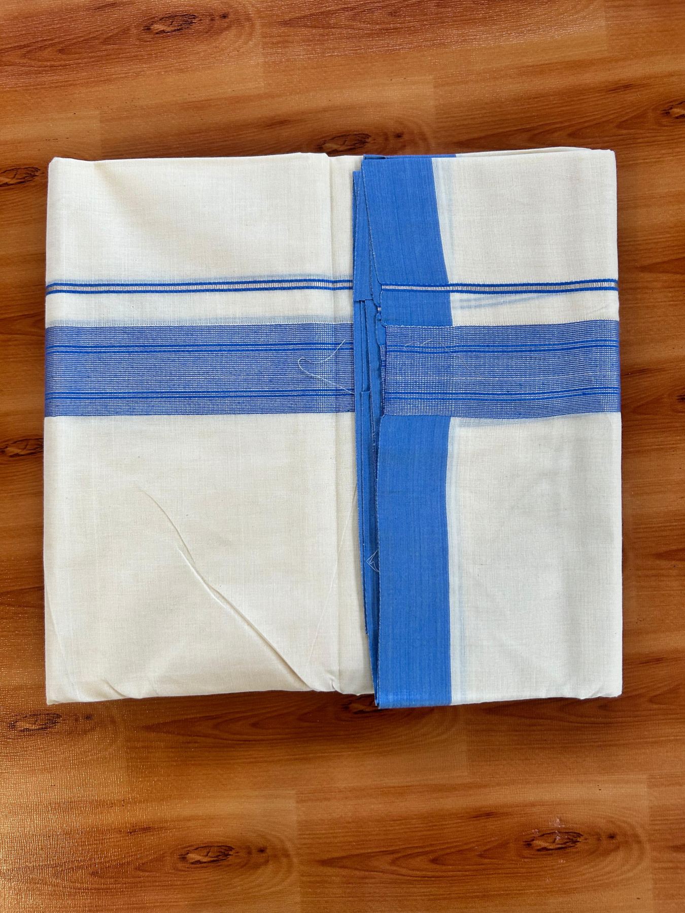 Double Off White (Unbleached) Mundu/Dhoti - 20% Discount! Kaitharikada Pure Cotton - 80x80 - 1.5 Inch Silver Kasav Blue Striped Kara 4 mtr (8.5 muzham) - 18 KK5489 MRH