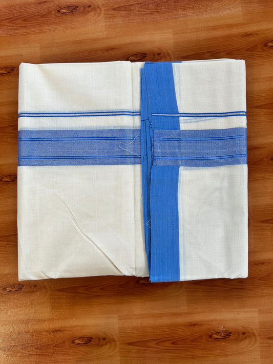 Double Off White (Unbleached) Mundu/Dhoti - 20% Discount! Kaitharikada Pure Cotton - 80x80 - 1.5 Inch Silver Kasav Blue Striped Kara 4 mtr (8.5 muzham) - 18 KK5489 MRH