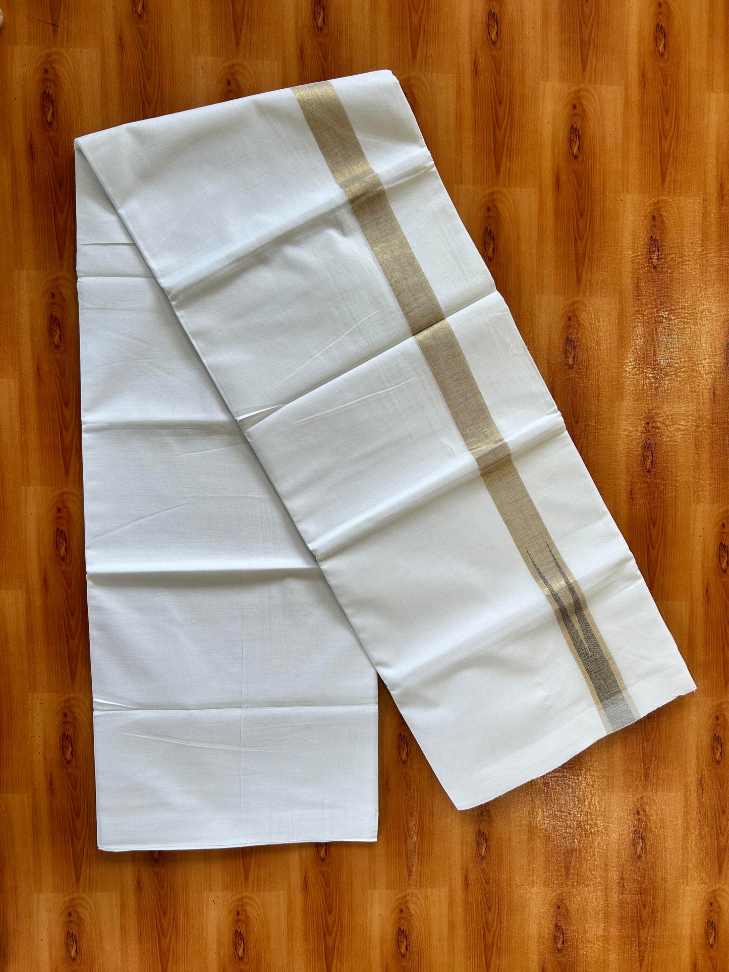 Pure White Double Mundu/Dhoti - 20% Discount ! Kaitharikada Balaramapuram 100% Cotton - 100x80 - 1 inch Puliyilakkara Gold Kasav & Black Chutty Kara 3.90 mtr (8 muzham) - 17 KK5446 VAS