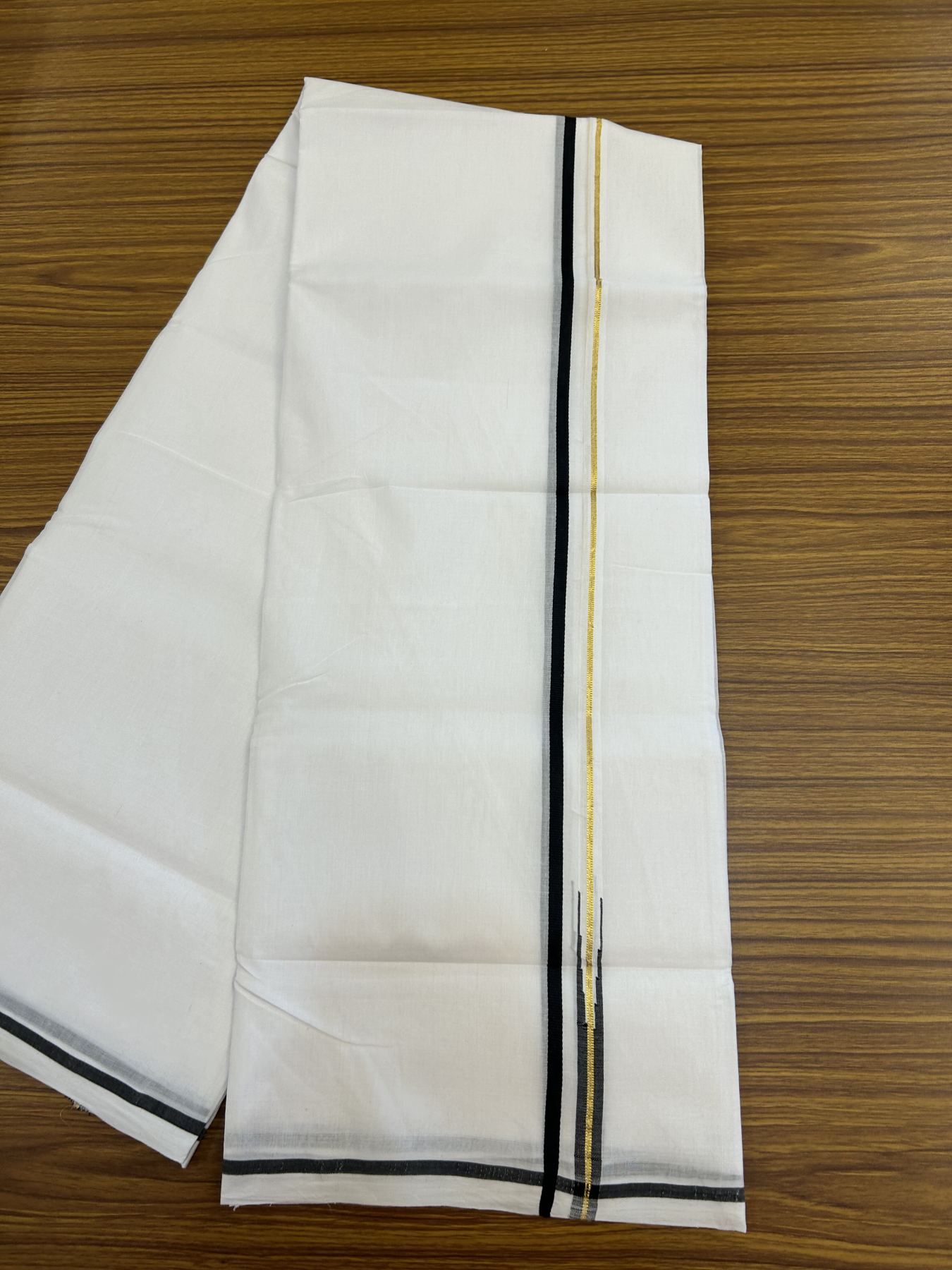 25% Disocunt!! KaithariKada Kerala Handloom Millpaav - 100% Pure Cotton Double - Mundu/Dhoti - 80x90 - .025 inch Puliyilakkara Gold Kasav & Black Chutty Kara - 3.96 mtr (8.49 muzham) - 7 KK5337 RAM