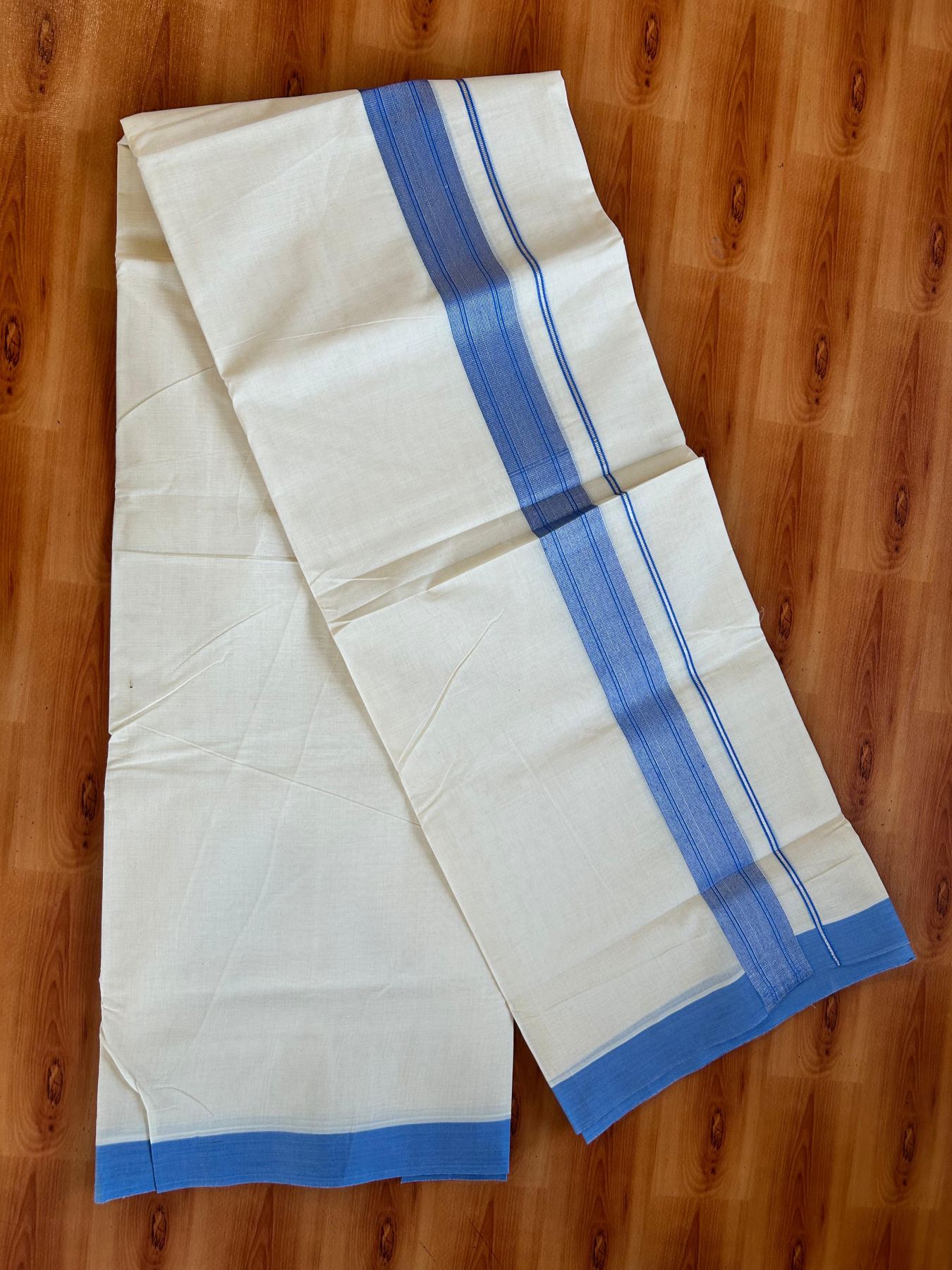 Double Off White (Unbleached) Mundu/Dhoti - 20% Discount! Kaitharikada Pure Cotton - 80x80 - 1.5 Inch Silver Kasav Blue Striped Kara 4 mtr (8.5 muzham) - 18 KK5489 MRH