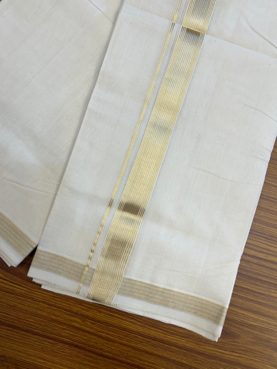 25% DISCOUNT!! KaithariKada HANDLOOM MILPAAV Balaramapuram - 100% PURE Cotton OFF White Double - (Unbleached) Mundu/Dothi - 80x90 - 1.25 inch Gold silver kasavu & White striped Kara - 85 KK5234 RAM