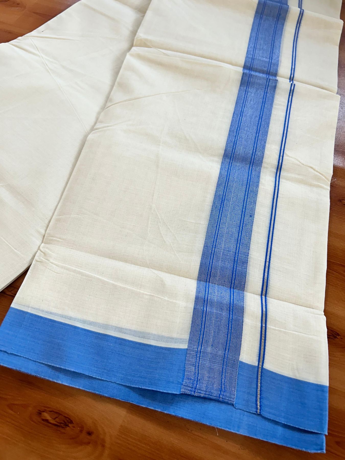 Double Off White (Unbleached) Mundu/Dhoti - 20% Discount! Kaitharikada Pure Cotton - 80x80 - 1.5 Inch Silver Kasav Blue Striped Kara 4 mtr (8.5 muzham) - 18 KK5489 MRH