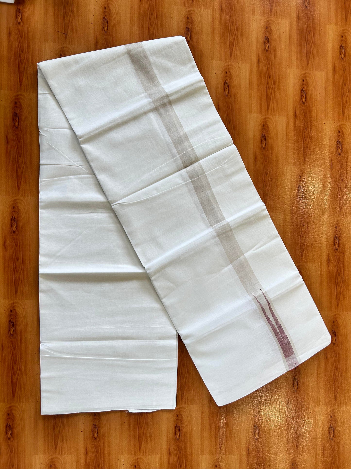 Pure White Double Mundu/Dhoti - 20% Discount ! Kaitharikada Balaramapuram 100% Cotton - 100x80 - 1 inch Puliyilakkara Silver Kasav & Maroon Chutty Kara 3.90 mtr (8 muzham) - 18 KK5446 VAS