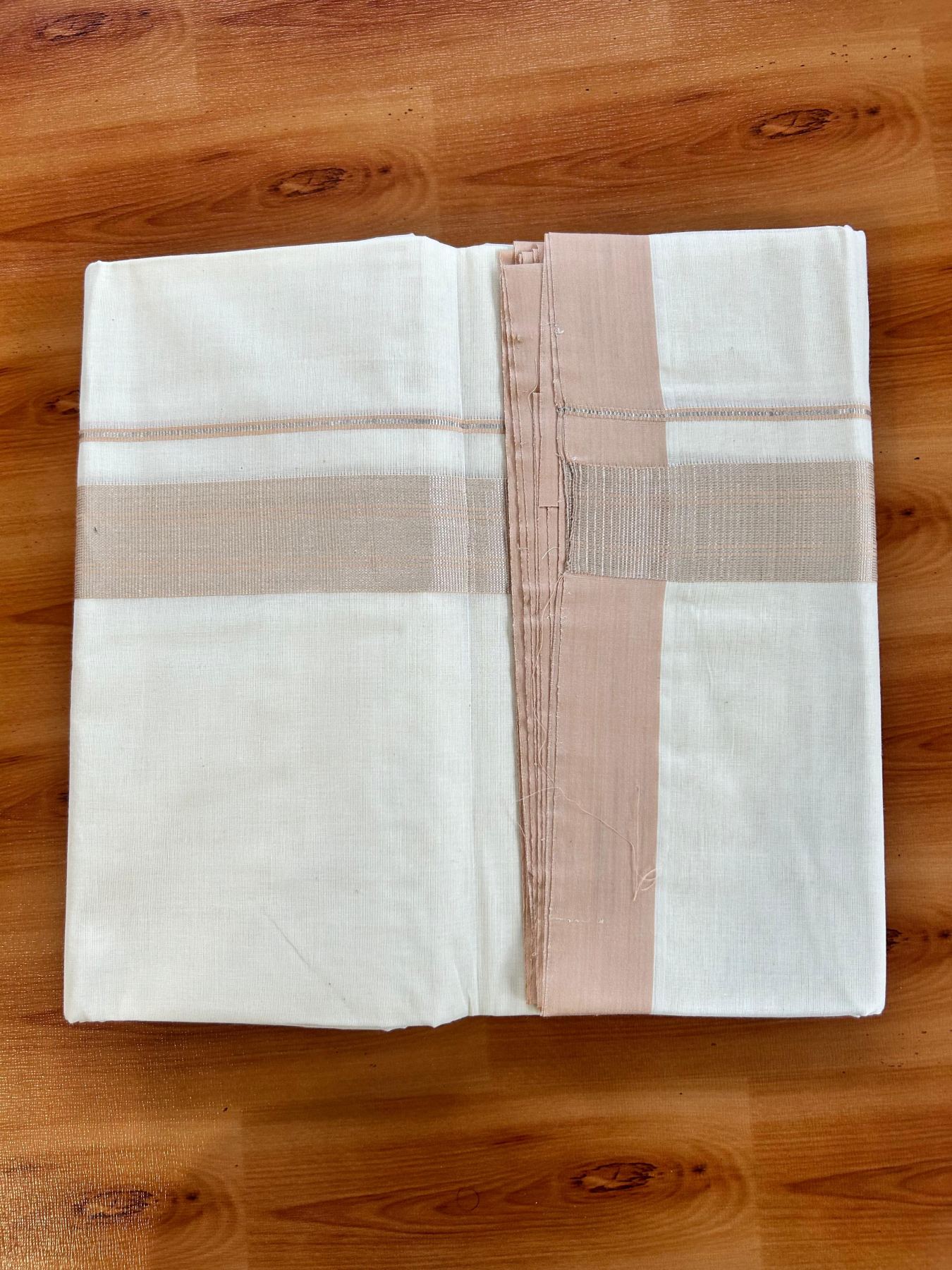 Double Off White (Unbleached) Mundu/Dhoti - 20% Discount! Kaitharikada Pure Cotton - 80x80 - 1.5 Inch Silver Kasav Pastel Peach Striped Kara 4 mtr (8.5 muzham) - 19 KK5489 MRH
