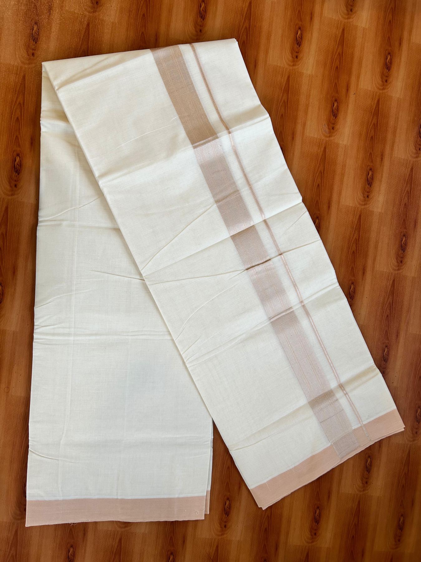 Double Off White (Unbleached) Mundu/Dhoti - 20% Discount! Kaitharikada Pure Cotton - 80x80 - 1.5 Inch Silver Kasav Pastel Peach Striped Kara 4 mtr (8.5 muzham) - 19 KK5489 MRH
