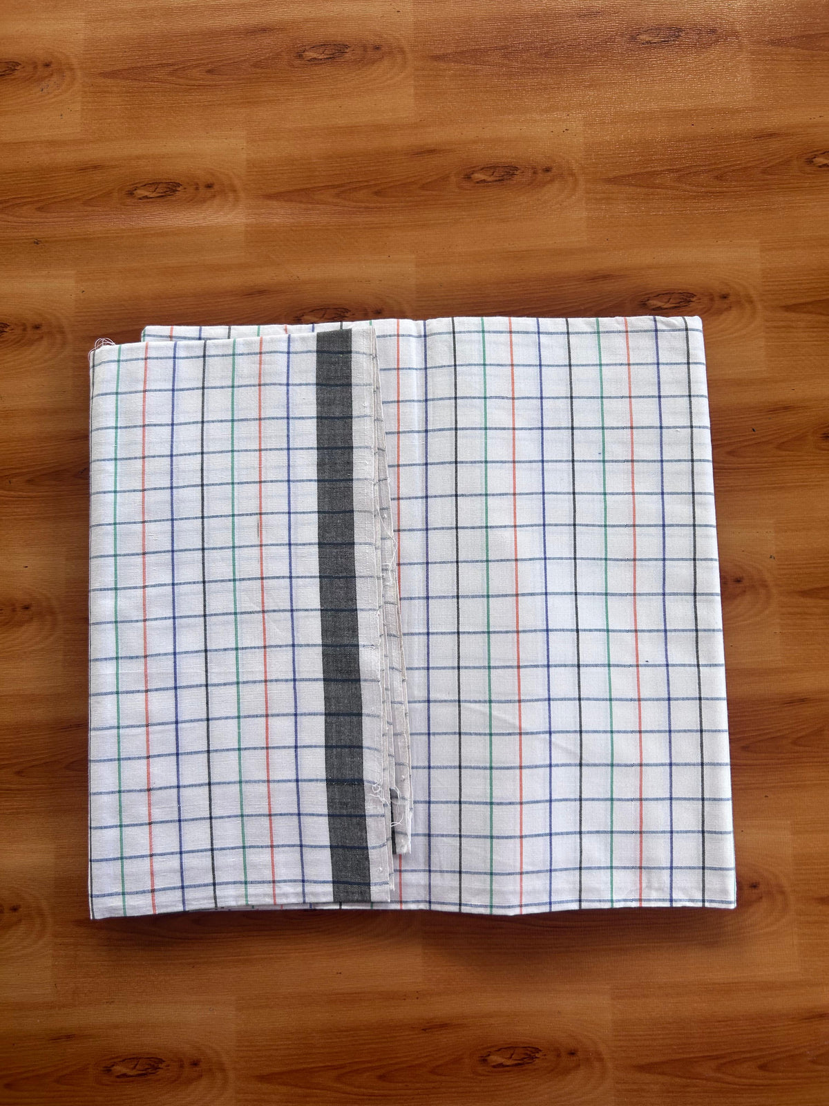 Kerala Handloom - Signature Kaitharikada - 100% Pure Cotton - 2/80sX80s Twisted Thread - Handloom Single Mundu/Dhoti - White Blue & Multi colour Check Body  - 2 mtr - 68 KK8080 KAL