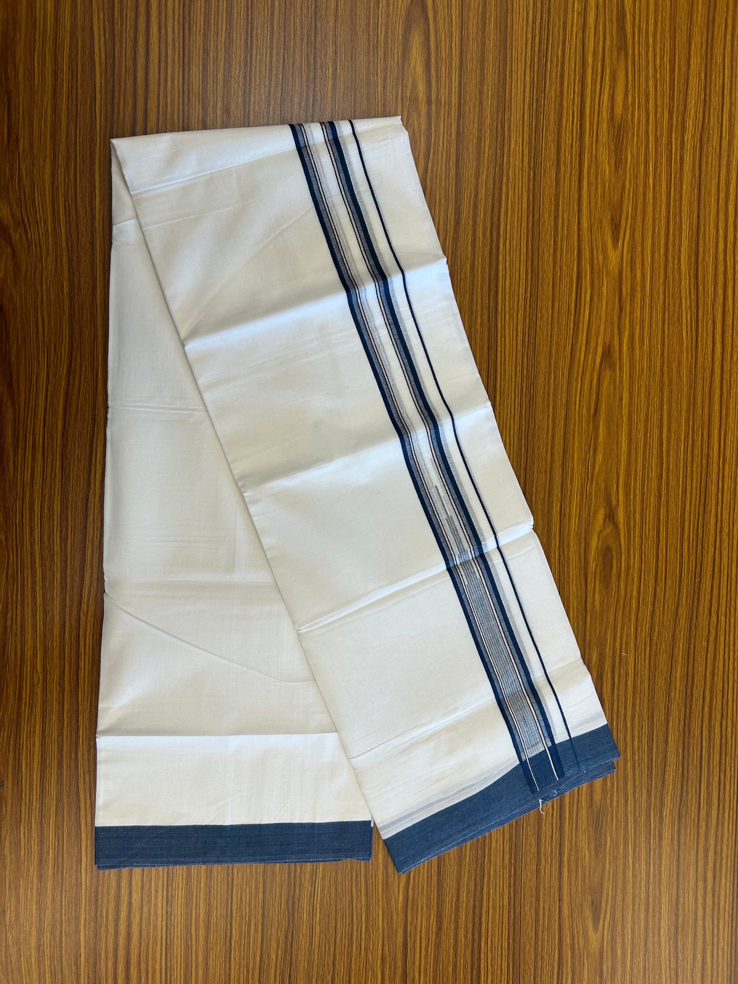 20% Discount ! Kaitharikada Balaramapuram 100% Pure Cotton Double Pure White Mundu/Dhoti - 100x80 - 1.75 inch Silver Kasav & Peacock Blue Shaded Stripes Chutty 3.90 mtr (8 muzham) - 142 KK5361 PMC