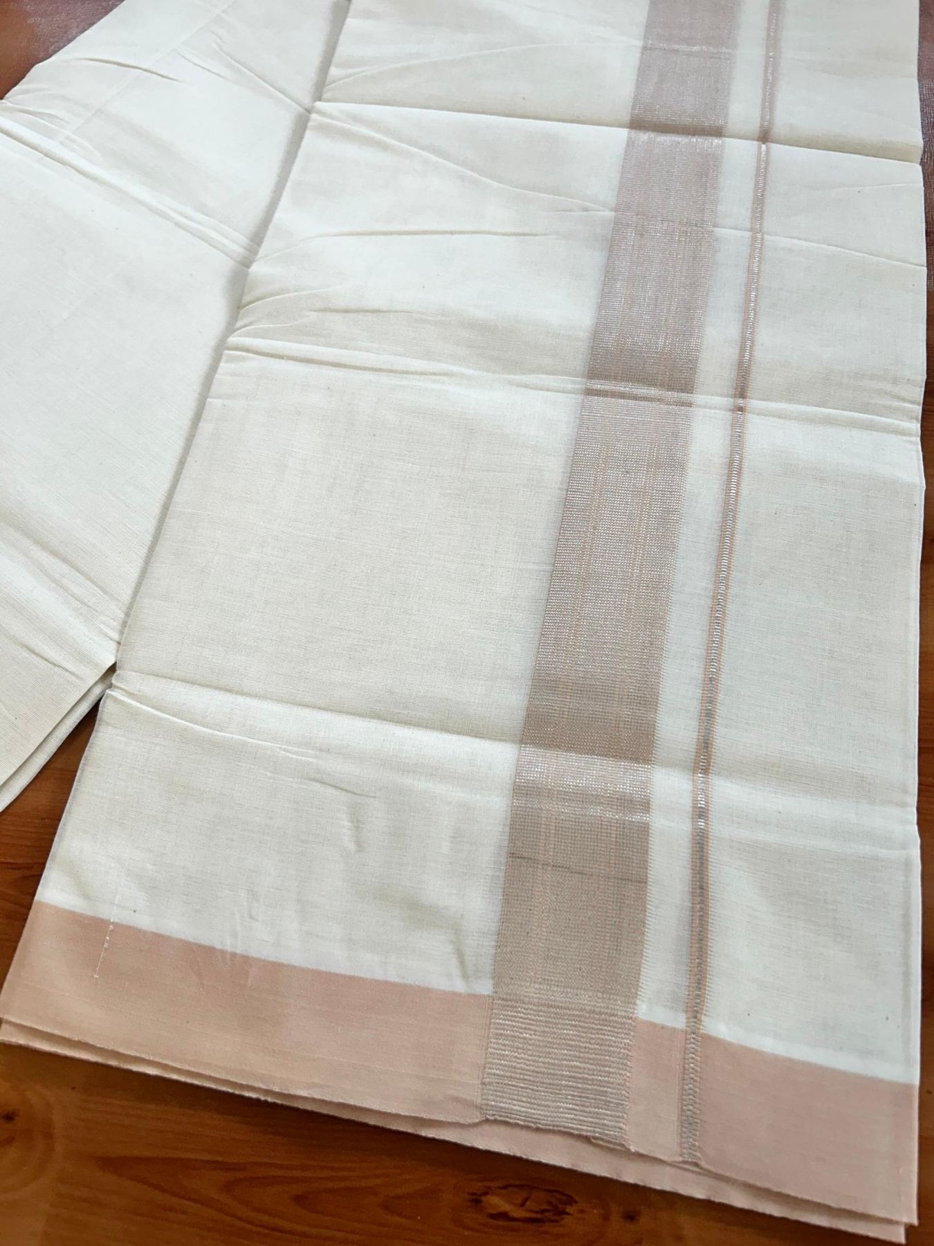Double Off White (Unbleached) Mundu/Dhoti - 20% Discount! Kaitharikada Pure Cotton - 80x80 - 1.5 Inch Silver Kasav Pastel Peach Striped Kara 4 mtr (8.5 muzham) - 19 KK5489 MRH