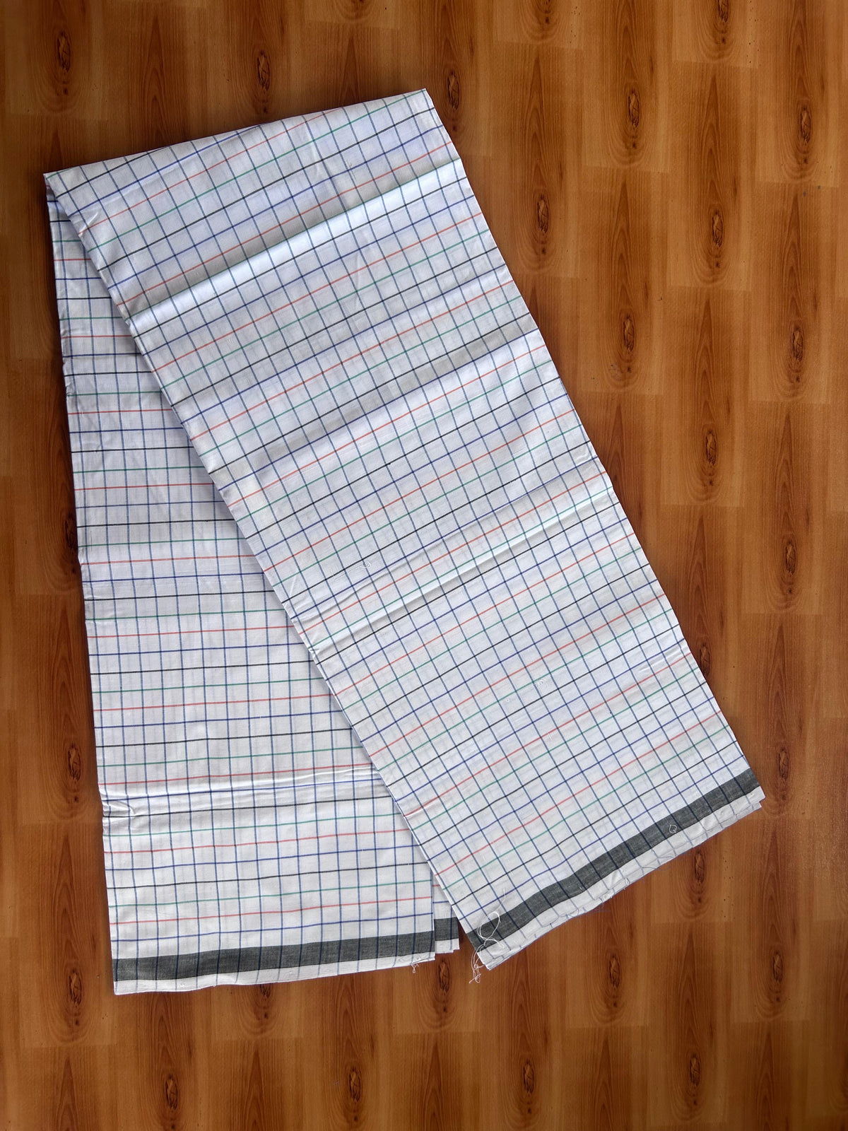 Kerala Handloom - Signature Kaitharikada - 100% Pure Cotton - 2/80sX80s Twisted Thread - Handloom Single Mundu/Dhoti - White Blue & Multi colour Check Body  - 2 mtr - 68 KK8080 KAL