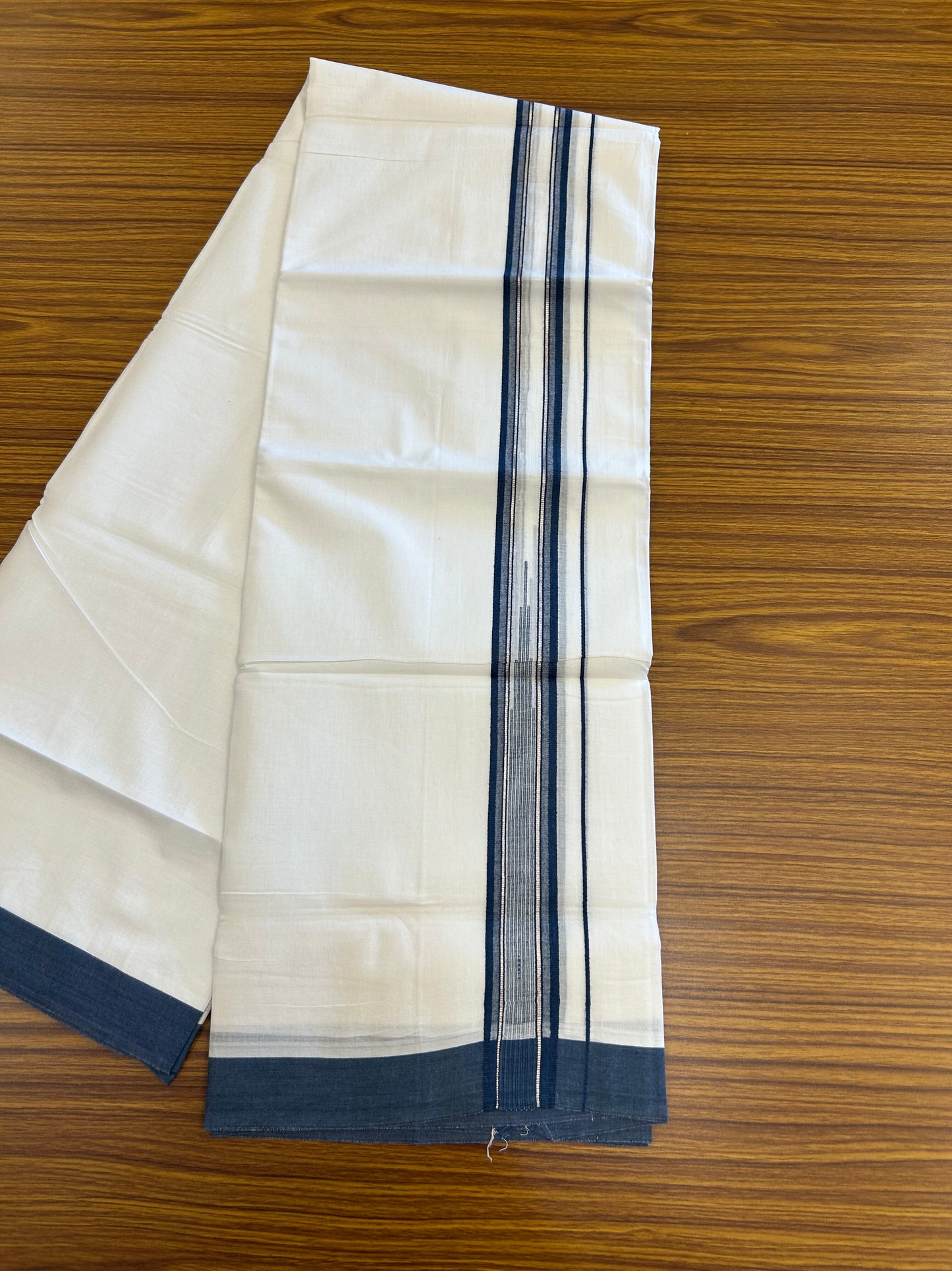 20% Discount ! Kaitharikada Balaramapuram 100% Pure Cotton Double Pure White Mundu/Dhoti - 100x80 - 1.75 inch Silver Kasav & Peacock Blue Shaded Stripes Chutty 3.90 mtr (8 muzham) - 142 KK5361 PMC