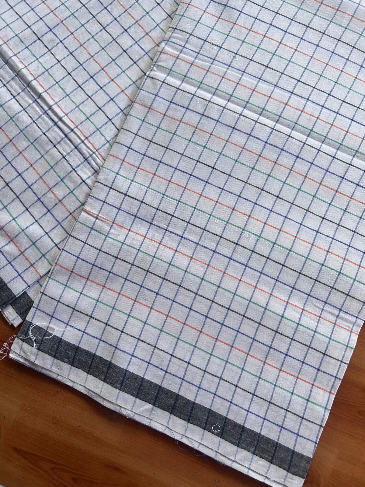 Kerala Handloom - Signature Kaitharikada - 100% Pure Cotton - 2/80sX80s Twisted Thread - Handloom Single Mundu/Dhoti - White Blue & Multi colour Check Body  - 2 mtr - 68 KK8080 KAL