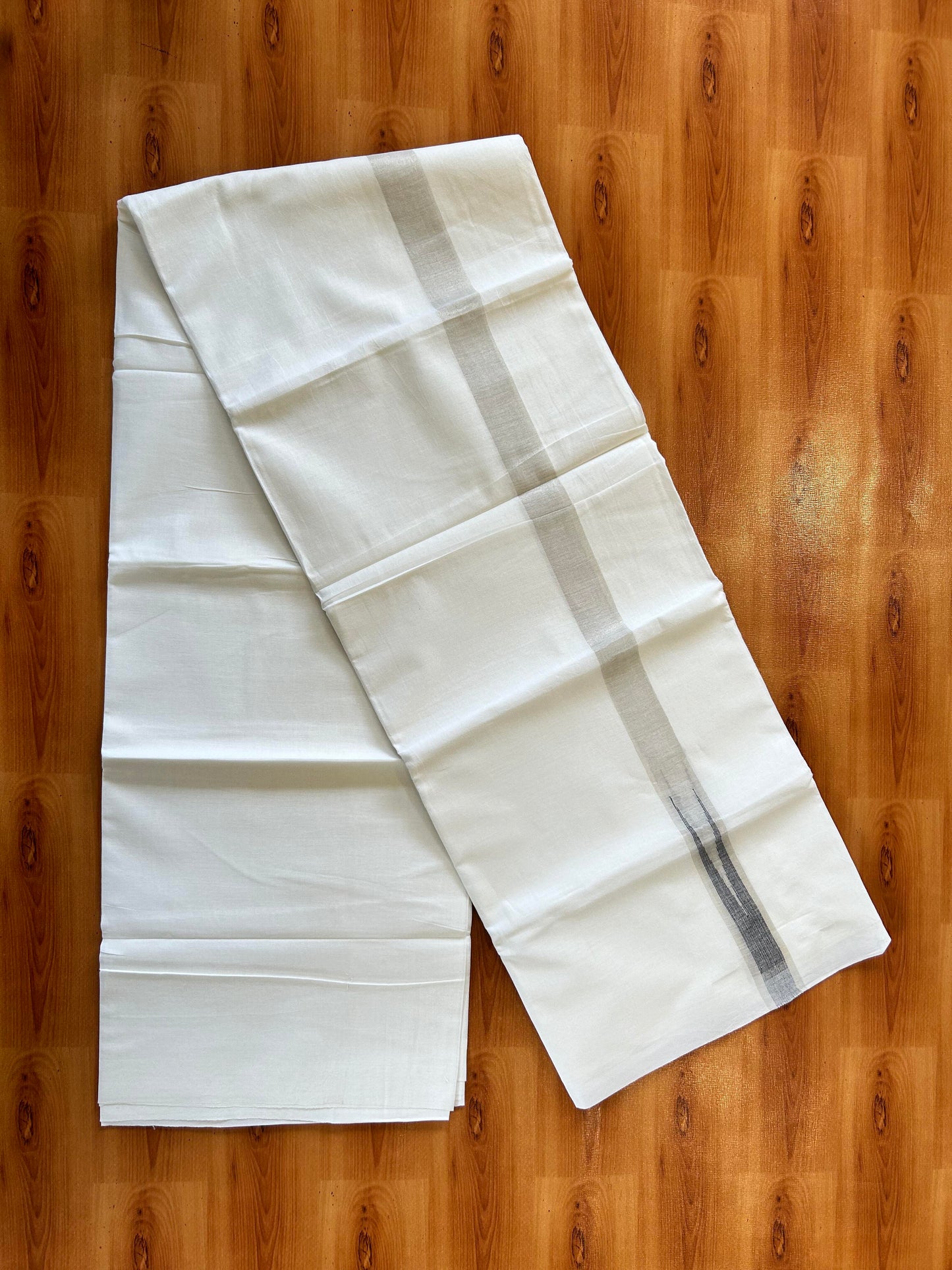 Pure White Double Mundu/Dhoti - 20% Discount ! Kaitharikada Balaramapuram 100% Cotton - 100x80 - 1 inch Puliyilakkara Silver Kasav & Ash Blue Chutty Kara 3.90 mtr (8 muzham) - 23 KK5446 VAS