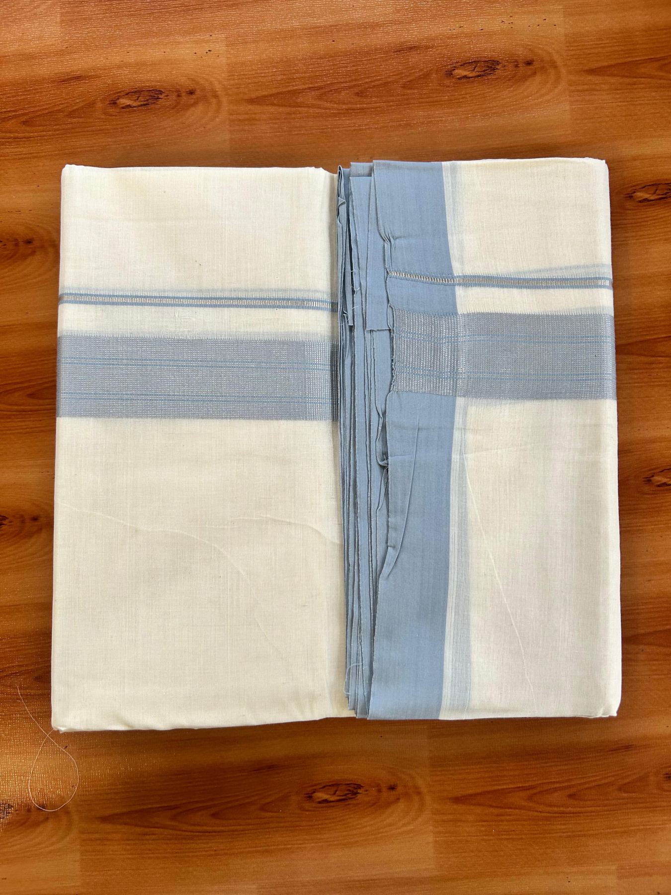 Double Off White (Unbleached) Mundu/Dhoti - 20% Discount! Kaitharikada Pure Cotton - 80x80 - 1.5 Inch Silver Kasav Blue grey Striped Kara 4 mtr (8.5 muzham) - 20 KK5489 MRH