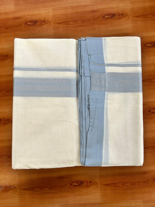 Double Off White (Unbleached) Mundu/Dhoti - 20% Discount! Kaitharikada Pure Cotton - 80x80 - 1.5 Inch Silver Kasav Blue grey Striped Kara 4 mtr (8.5 muzham) - 20 KK5489 MRH